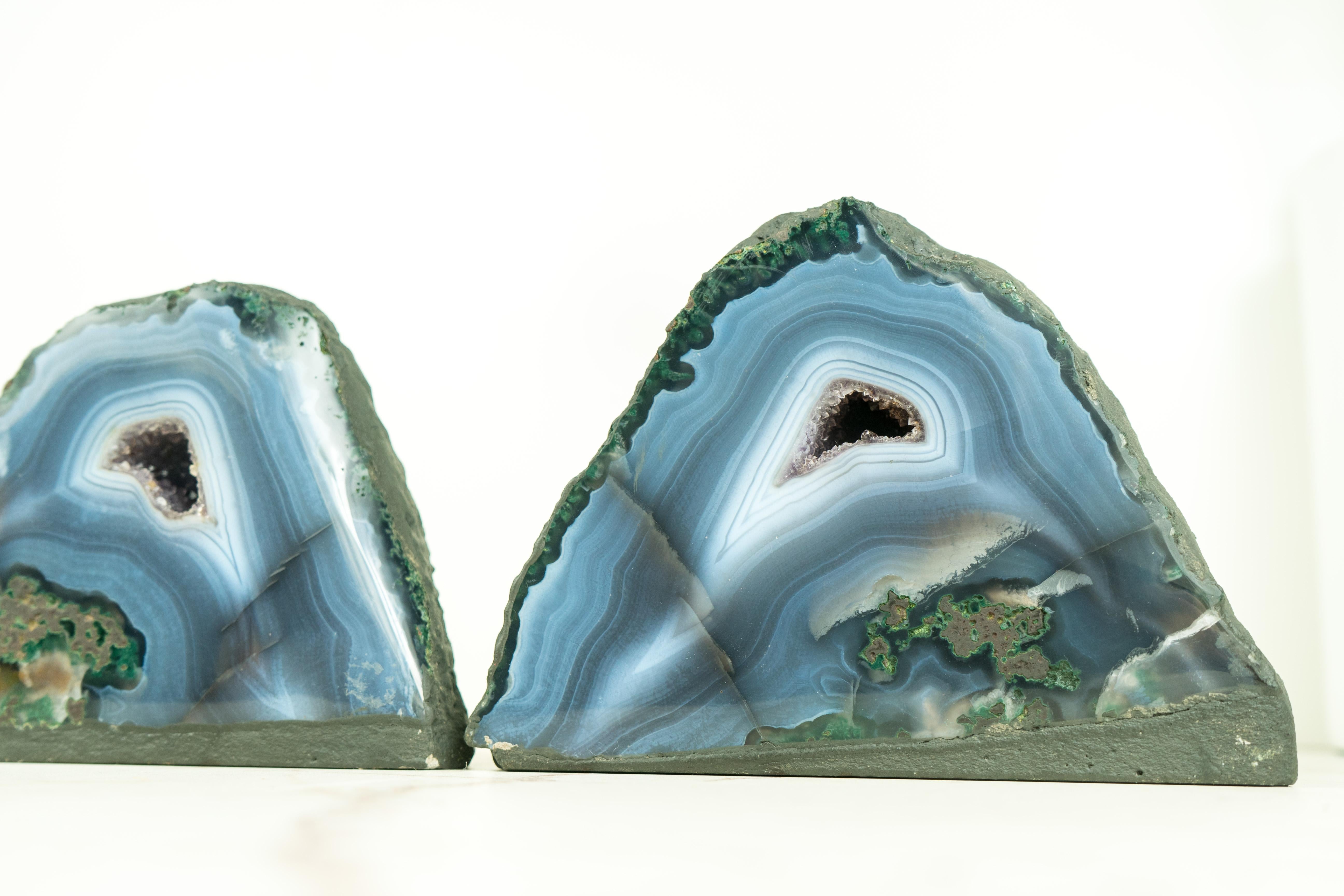 Naturally Aesthetic Pair of Small Blue Agate Geodes with Druzy Crystal Core For Sale 2