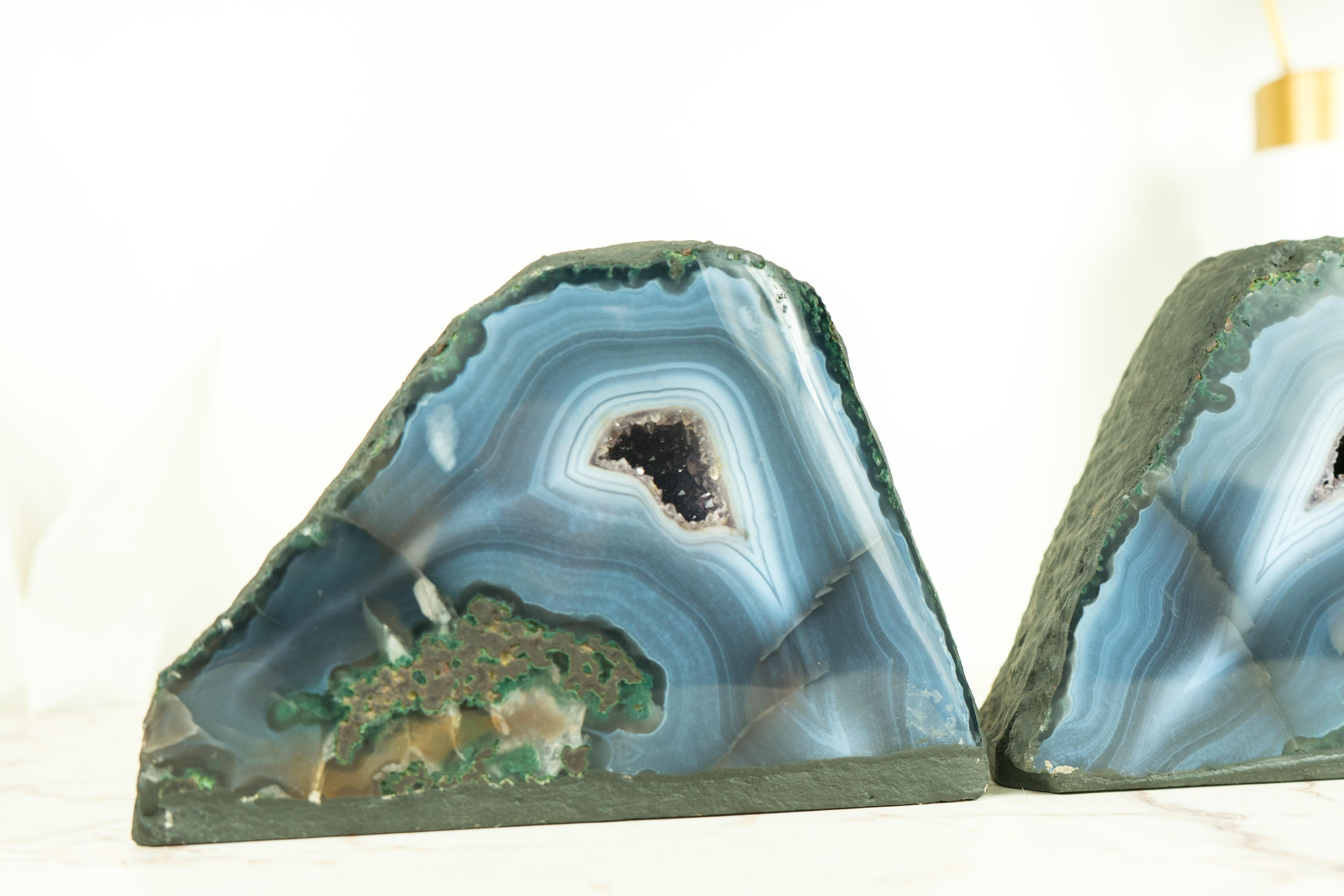 Naturally Aesthetic Pair of Small Blue Agate Geodes with Druzy Crystal Core For Sale 3