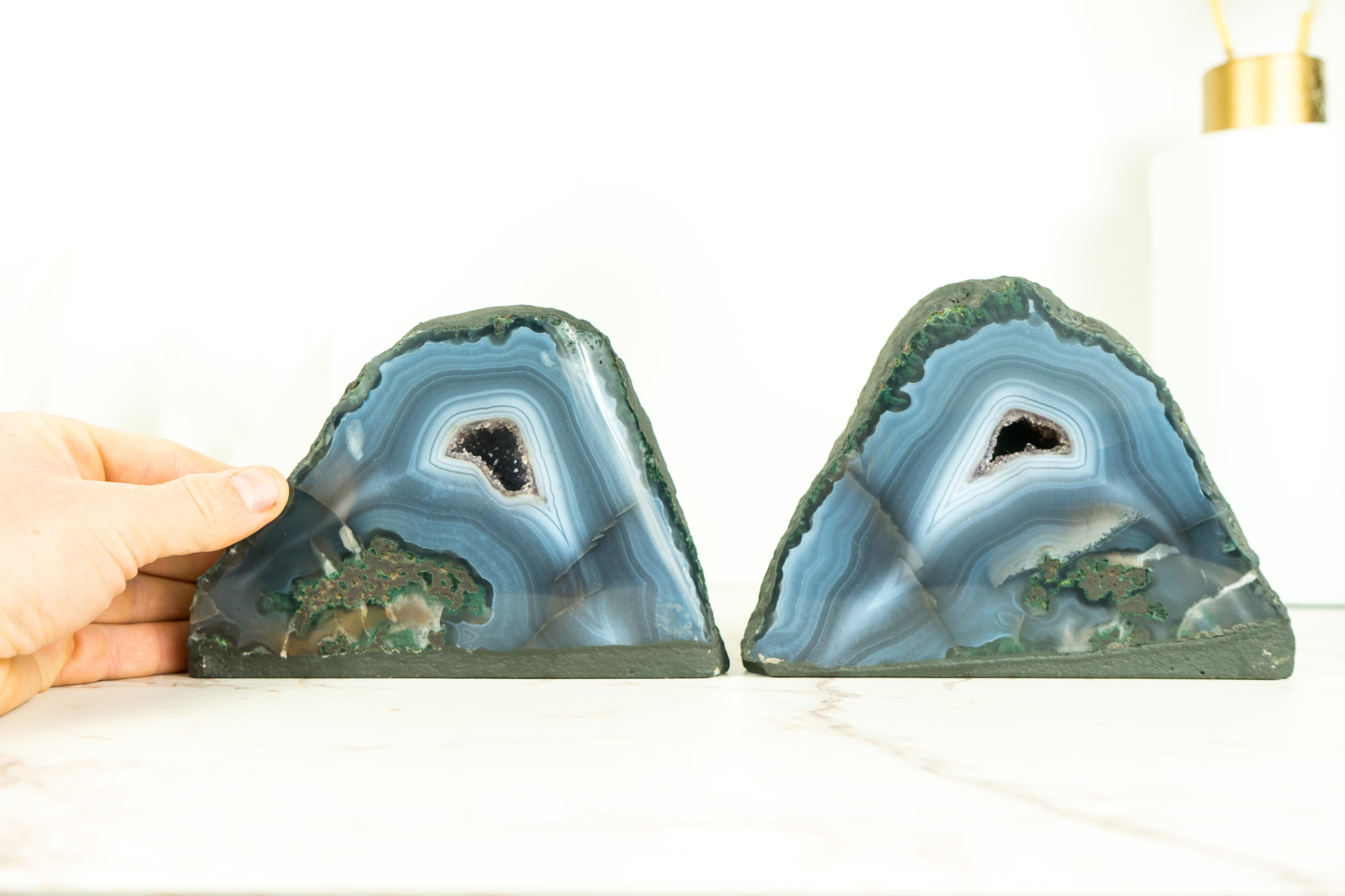 Naturally Aesthetic Pair of Small Blue Agate Geodes with Druzy Crystal Core For Sale 4