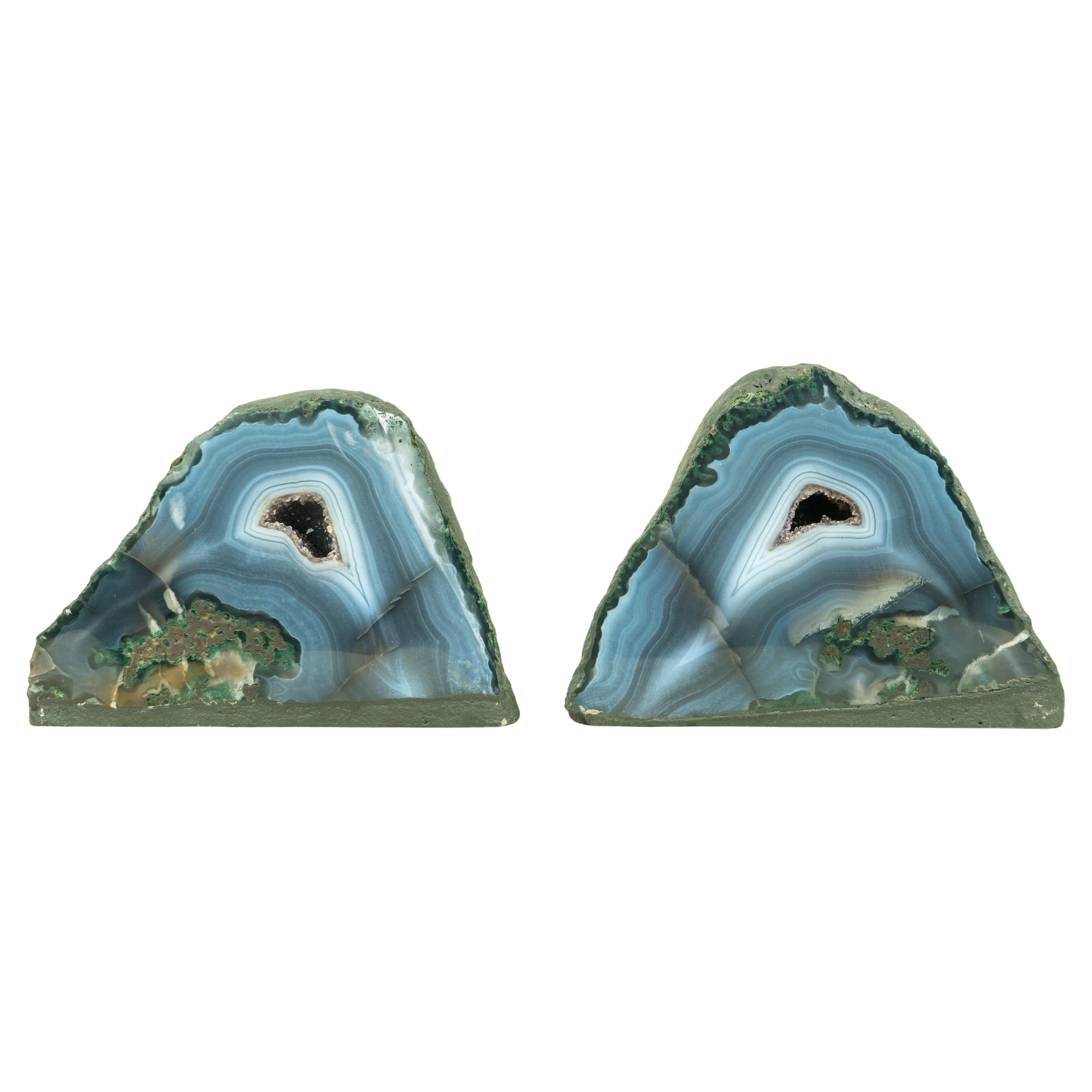 Naturally Aesthetic Pair of Small Blue Agate Geodes with Druzy Crystal Core For Sale