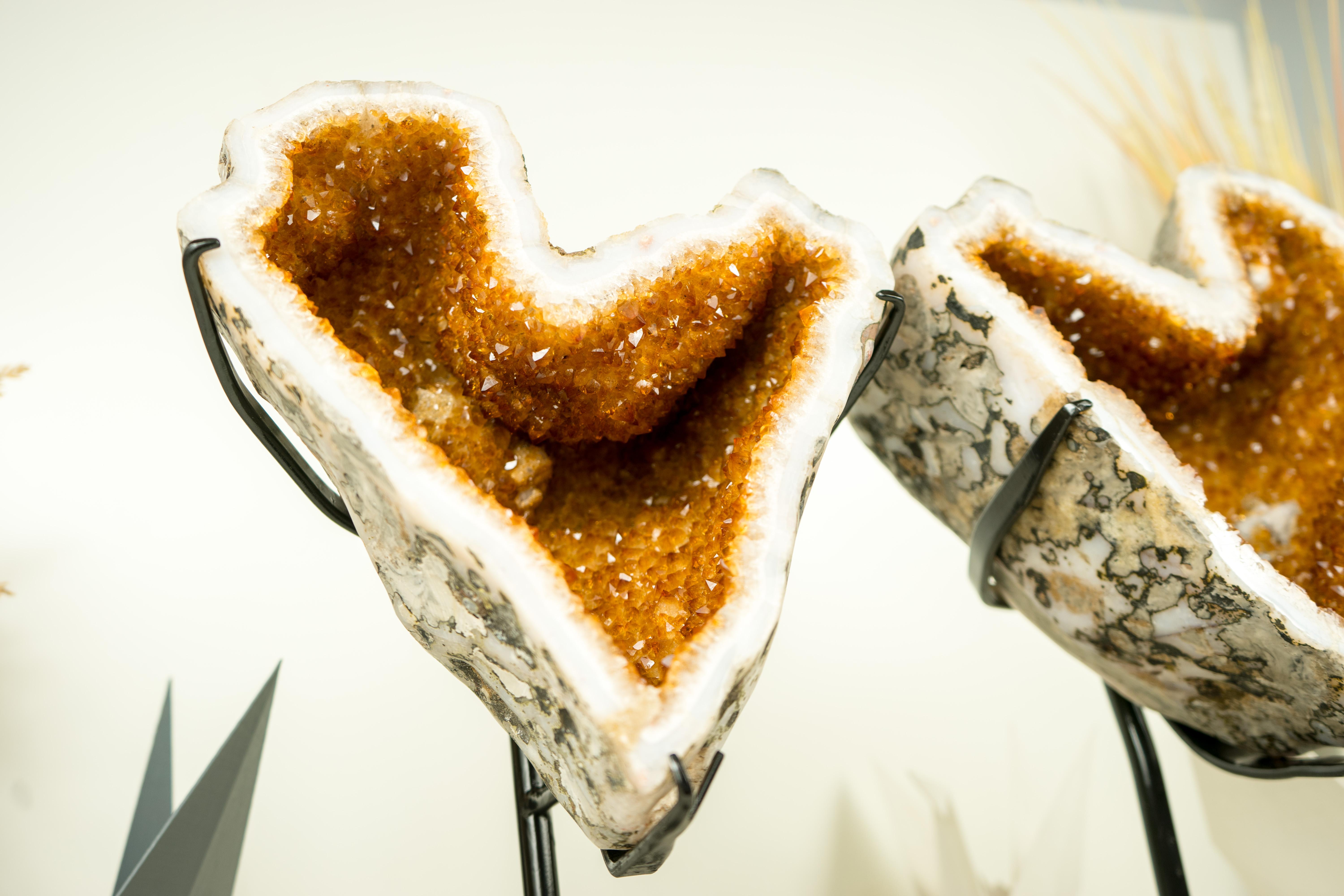 Naturally Shaped Citrine Heart Geodes with Deep Orange Citrine and White Agate 8