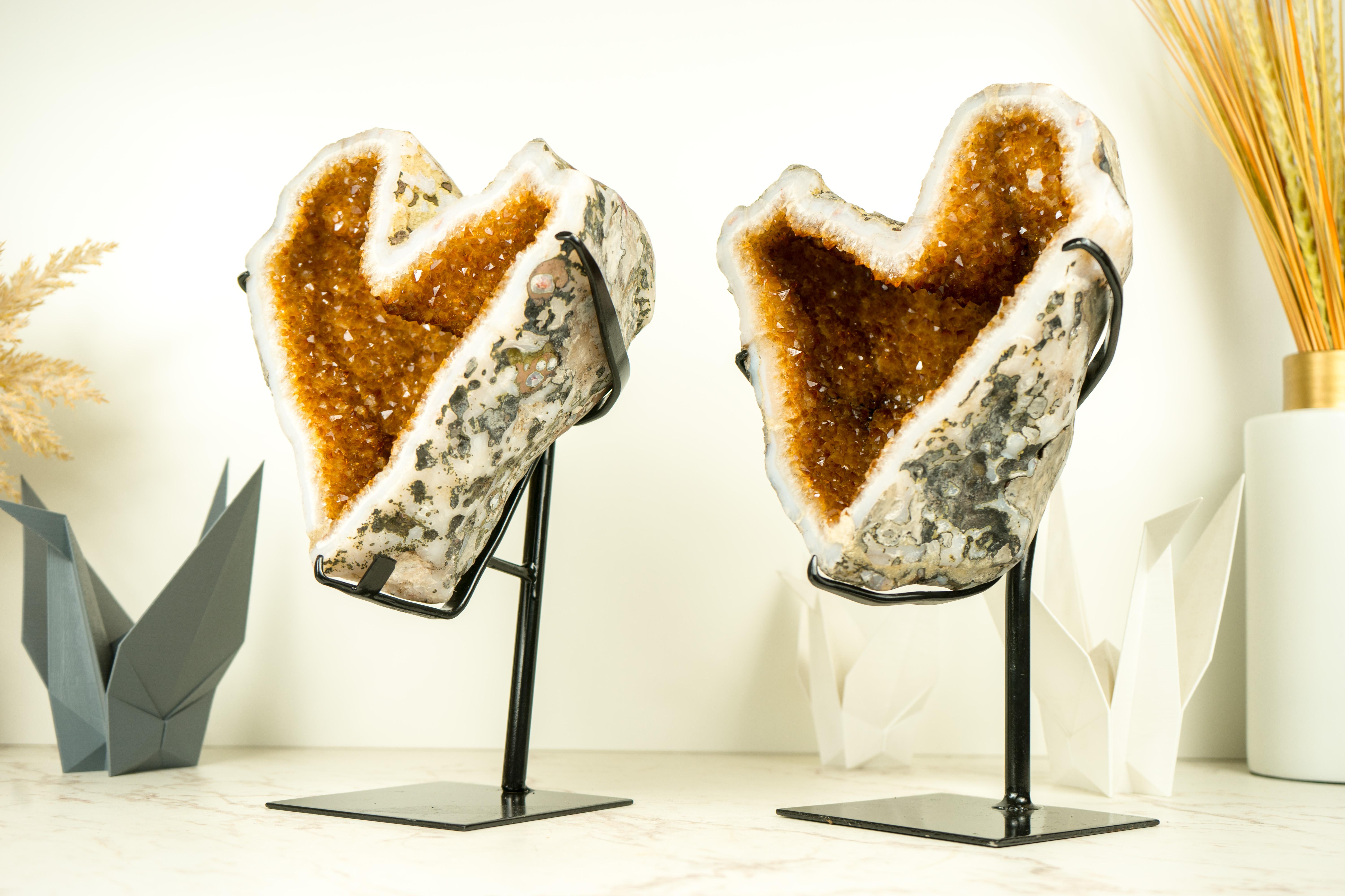 Contemporary Naturally Shaped Citrine Heart Geodes with Deep Orange Citrine and White Agate For Sale