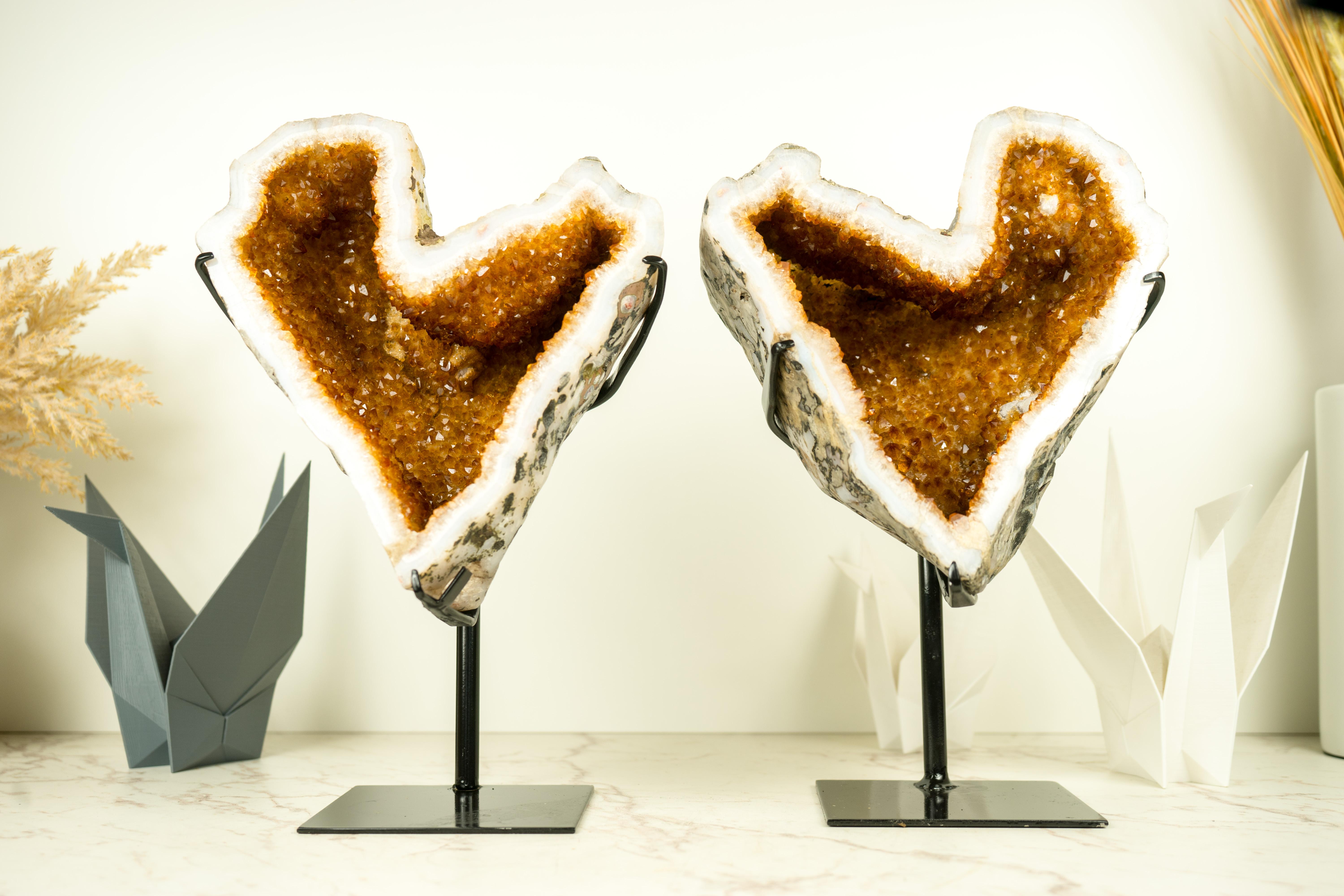 Naturally Shaped Citrine Heart Geodes with Deep Orange Citrine and White Agate 4