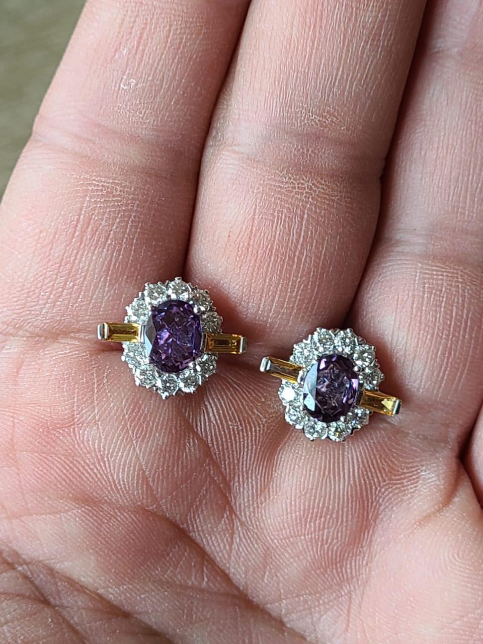 Modern Natural, Purple Sapphires, Yellow Sapphires & Diamonds Stud Earrings in 18K Gold