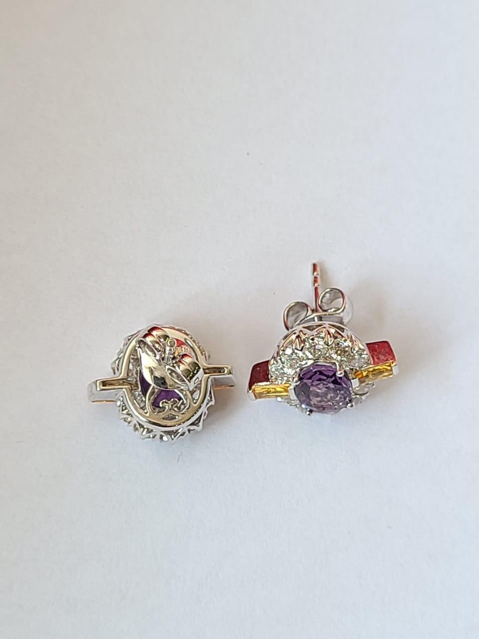 Oval Cut Natural, Purple Sapphires, Yellow Sapphires & Diamonds Stud Earrings in 18K Gold