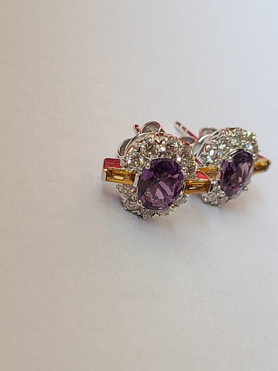 Natural, Purple Sapphires, Yellow Sapphires & Diamonds Stud Earrings in 18K Gold In New Condition In Hong Kong, HK