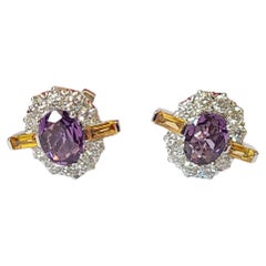 Natural,Purple Sapphires, Yellow Sapphires & Diamonds Stud Earrings in 18K Gold