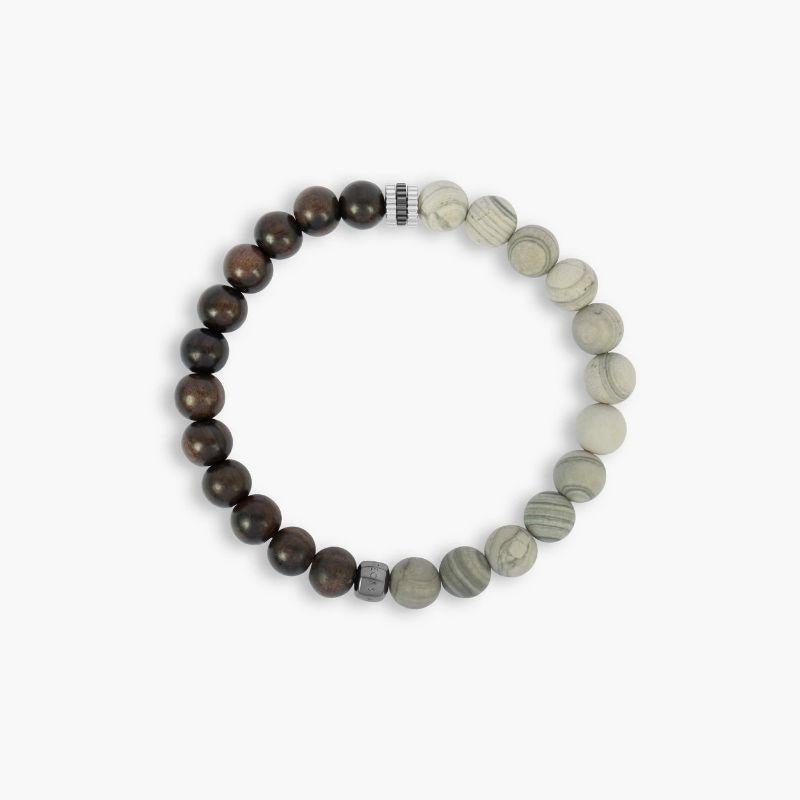 Nature Bracelet with Ebony Wood and Grey Jasper in Rhodium Plated Silver, Size L

Inspired by nature, our new 