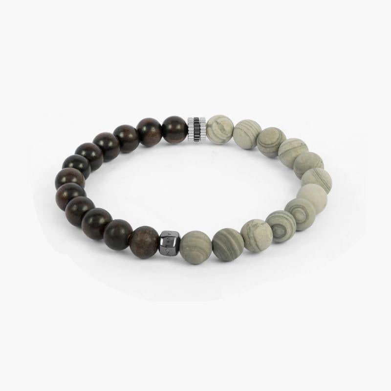 Men's Nature Bracelet with Ebony Wood and Grey Jasper in Rhodium Plated Silver, Size L For Sale
