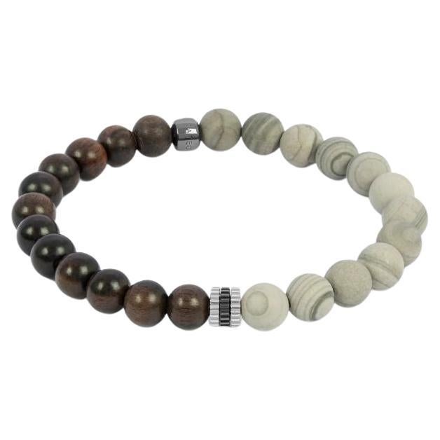 Nature Bracelet with Ebony Wood and Grey Jasper in Rhodium Plated Silver, Size L