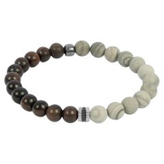 Nature Bracelet with Ebony Wood and Grey Jasper in Rhodium Plated Silver, Size M