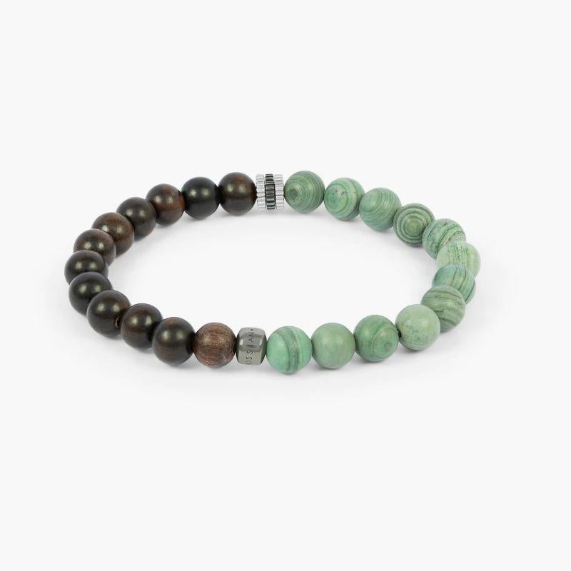Nature Bracelet with Ebony Wood & Green Jasper in Rhodium Plated Silver, Size L In New Condition For Sale In Fulham business exchange, London