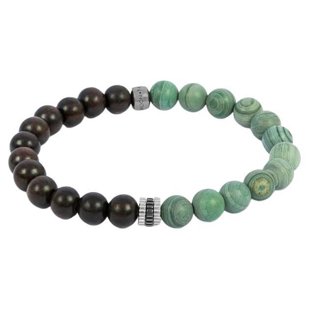 Nature Bracelet with Ebony Wood & Green Jasper in Rhodium Plated Silver, Size L For Sale
