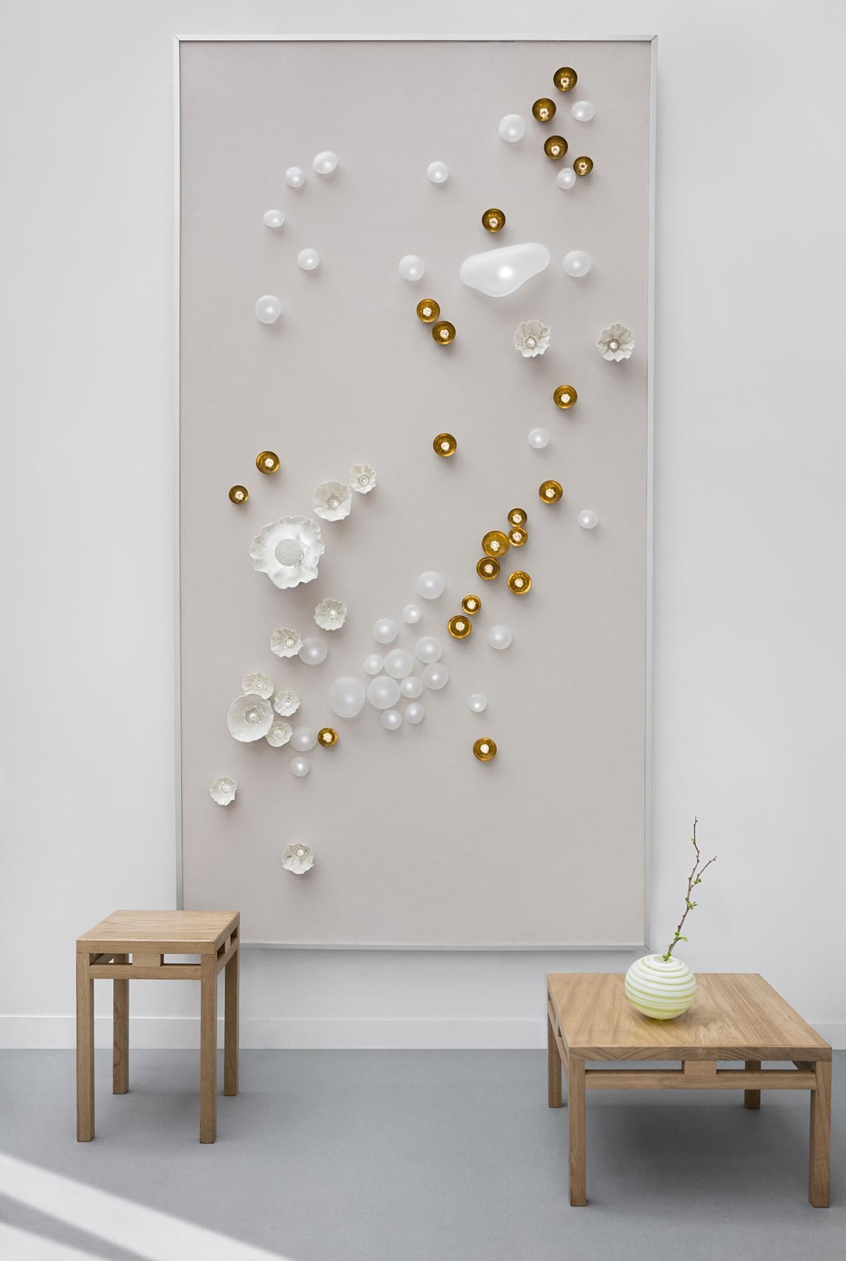 Nature Harmonieuse Wall Panel, Ludovic Clément d’Armont
Dimensions: W 122 x D 17 x H 240 cm
Materials: Blown glass, brass, cut crystal, aluminum, porcelain, composite, LEDs

Easy to hang on the ceiling or on the wall.

Every creation of