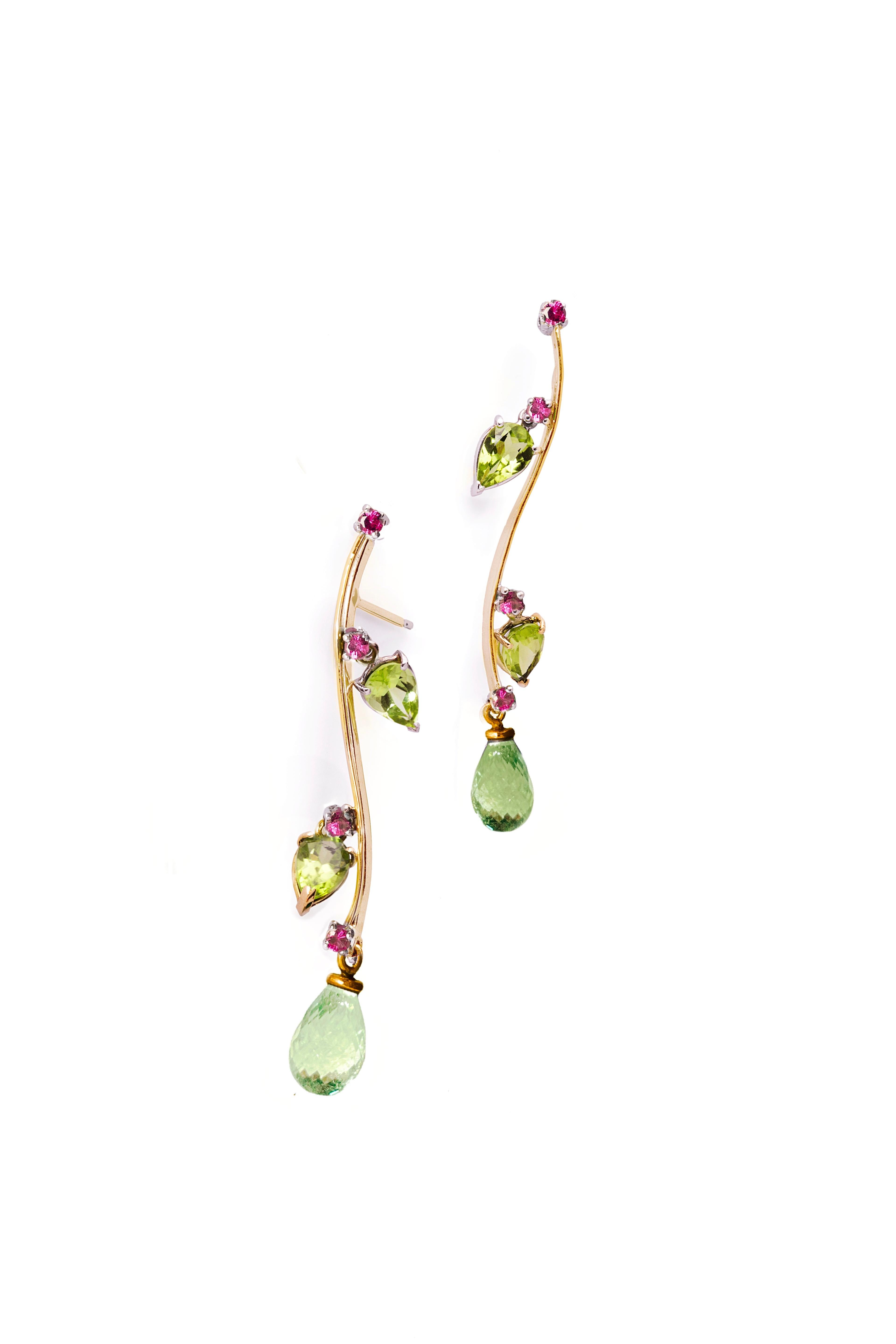 Pear Cut Nature-Inspired 18k Gold Green Tourmaline Rubelite Peridot Drops Earrings For Sale