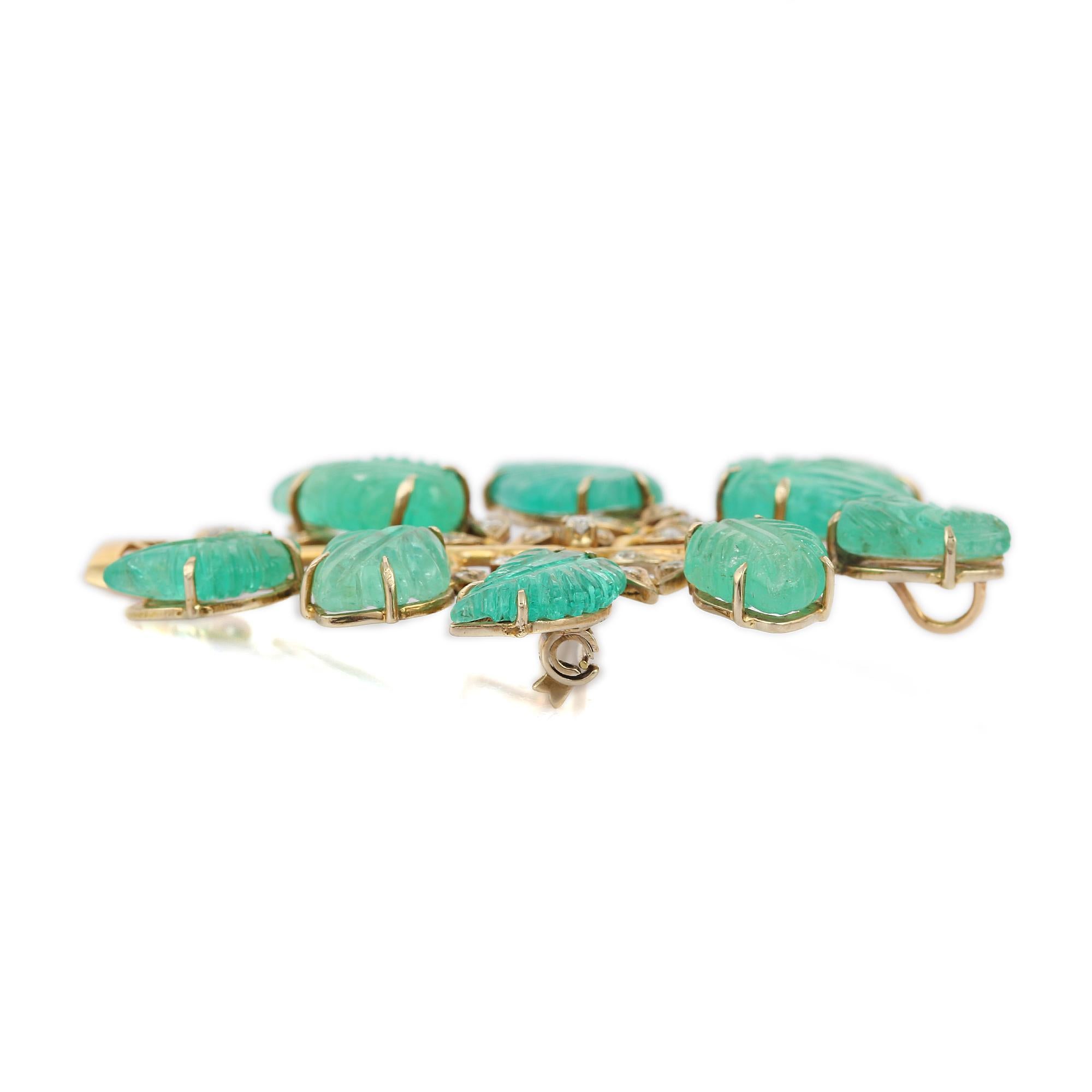 Nature Inspired 30 Carat Carved Emerald Brooch with Diamonds in 18k Yellow Gold In New Condition For Sale In New York, NY