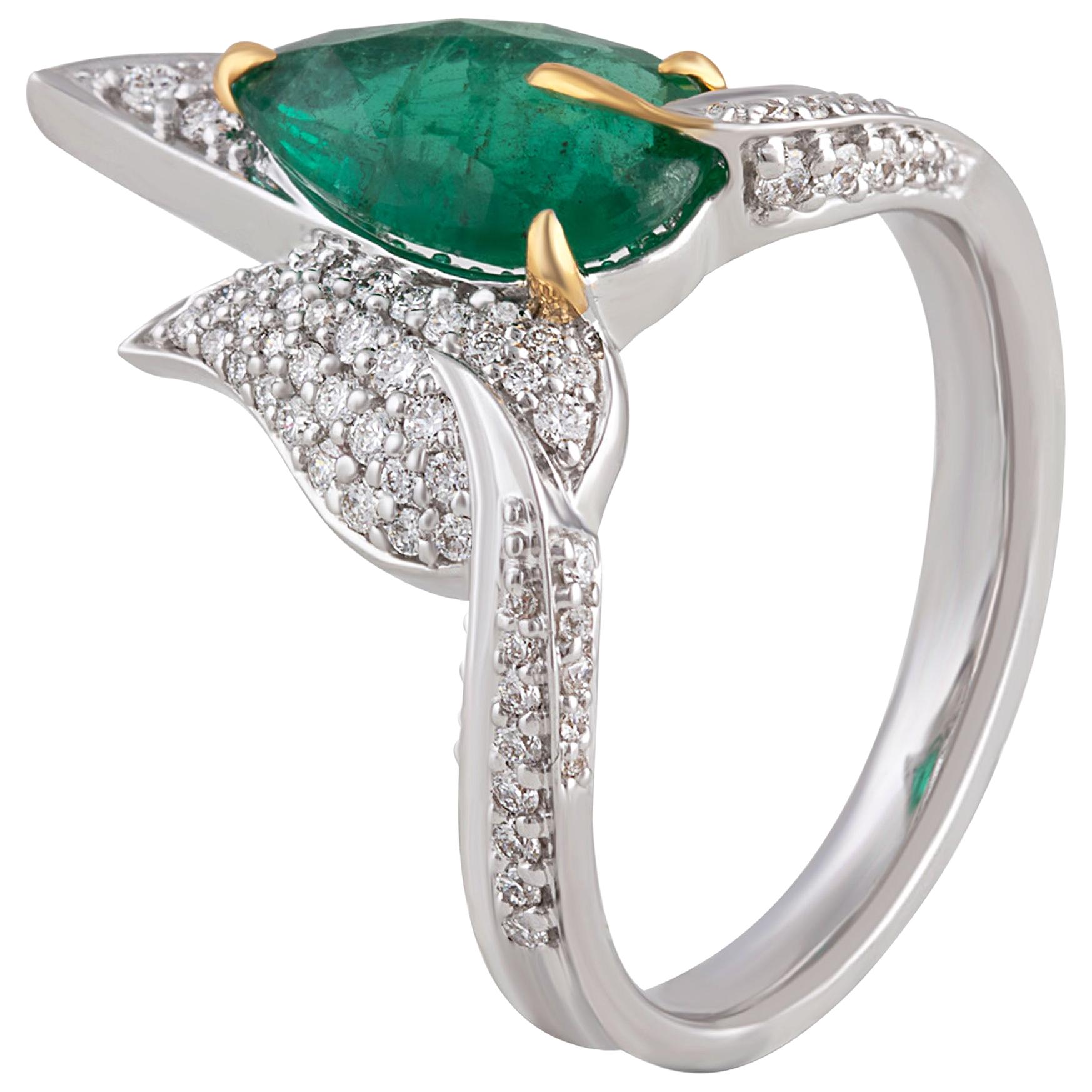 Studio Rêves Nature Inspired Diamond and Emerald Cocktail Ring in 18 Karat Gold For Sale