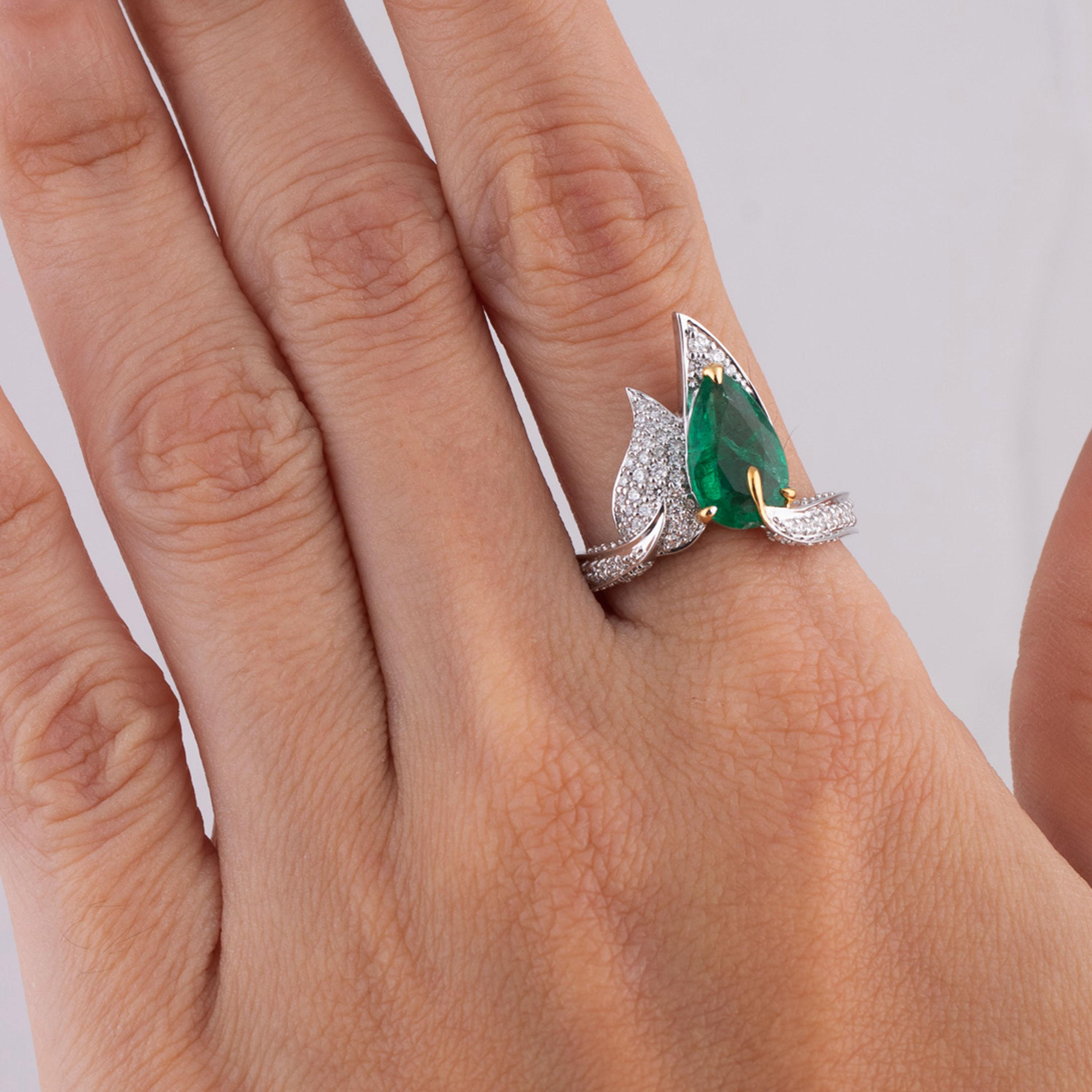 Gross Weight: 5.75 Grams
Diamond Weight: 0.42 cts
Emerald Weight: 1.68 cts
Ring Size: US 6.5 (Resizing Can be Done)
IGI Certified

Video of the product can be shared on request.

This diamond and emerald cocktail ring is a must have for nature