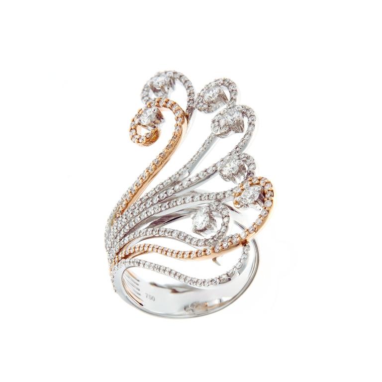 Inspiriert von der organischen Schönheit der Natur, verbindet dieser exquisite Ring die Eleganz von 18 Karat Weiß- und Roségold mit der Brillanz fein gefasster Diamanten. Das Design erinnert an natürliche Formen - vielleicht Blütenblätter, anmutige