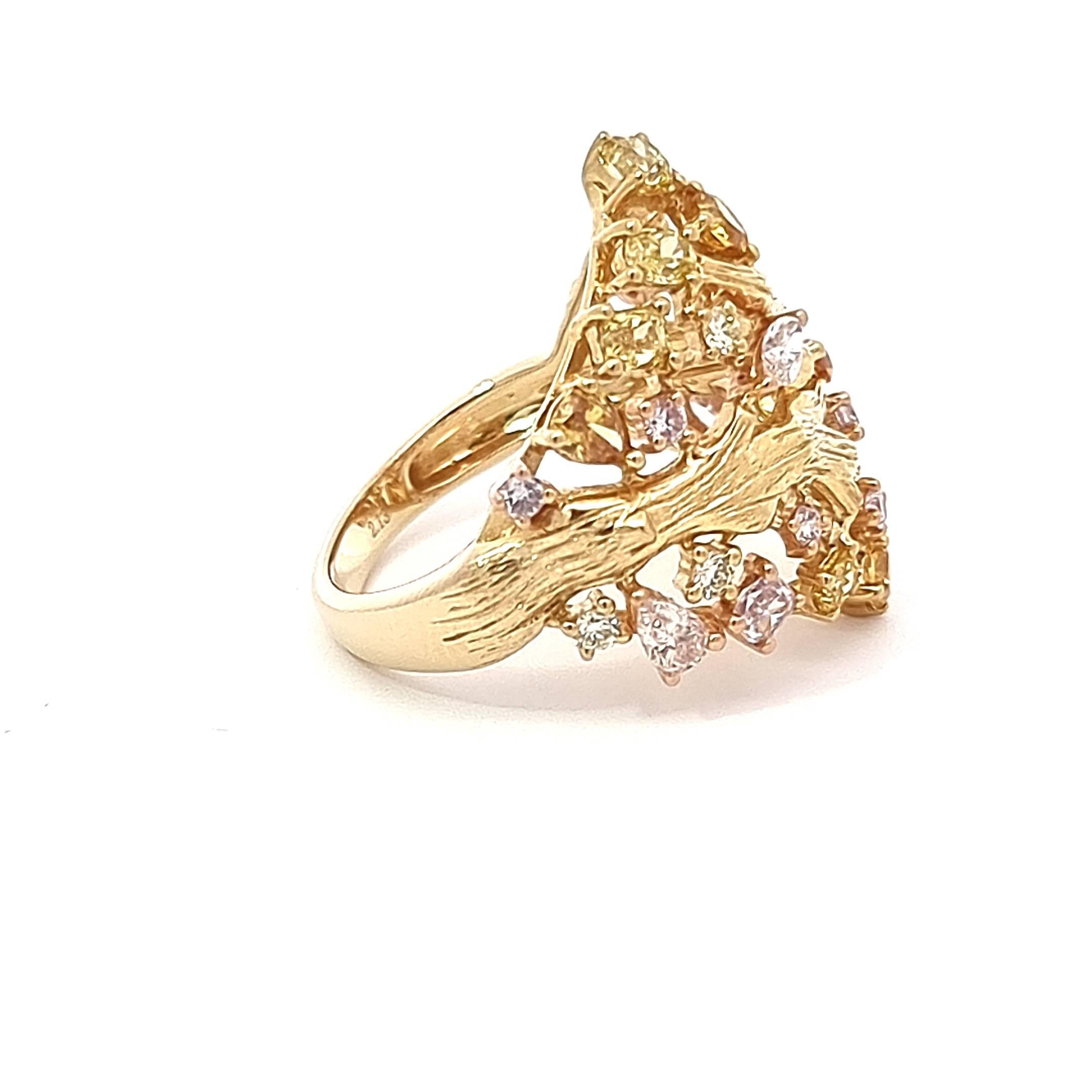 Marquise Cut Nature Inspired Gold Ring With Multi Coloured Diamonds in Various Shapes For Sale