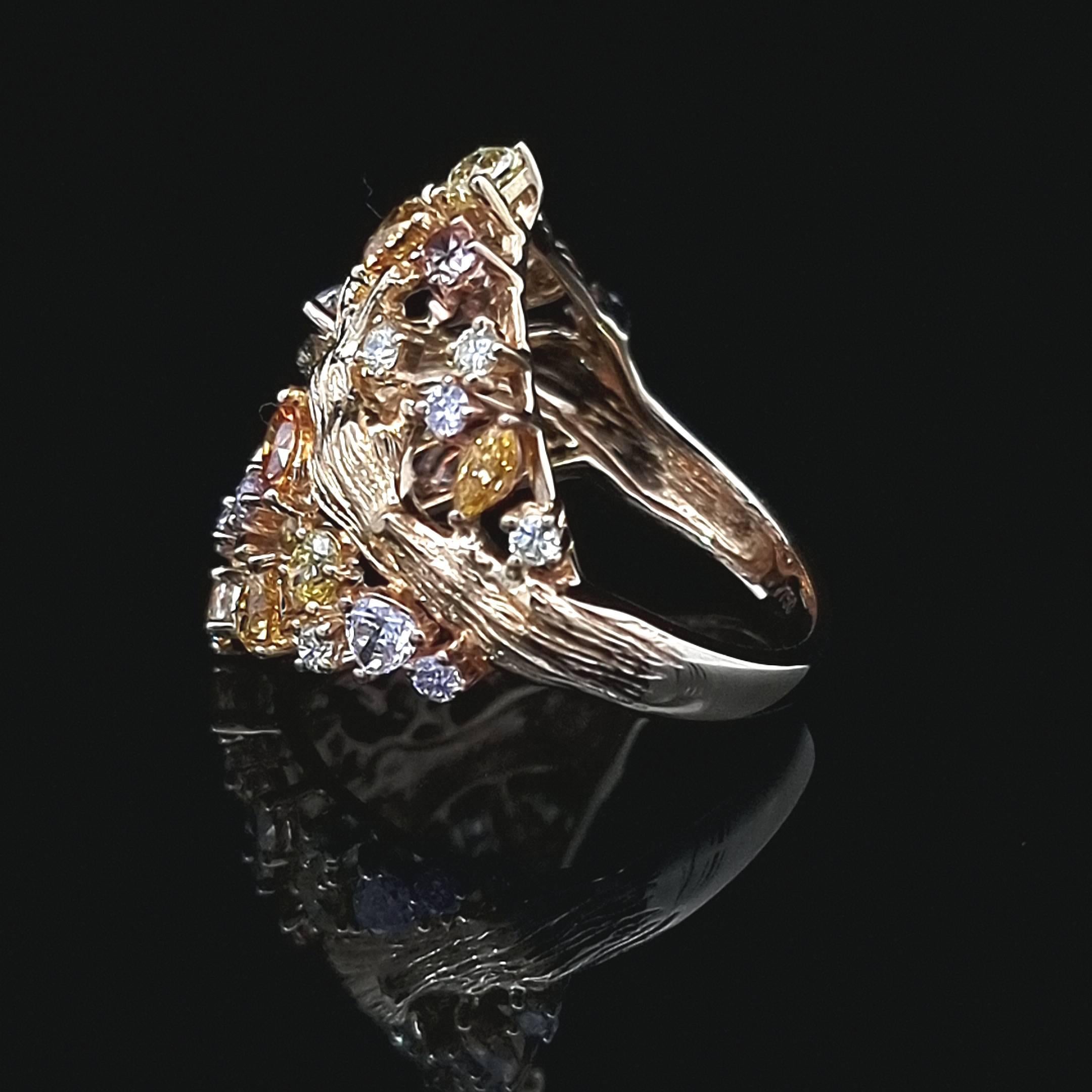 Women's Nature Inspired Gold Ring With Multi Coloured Diamonds in Various Shapes For Sale