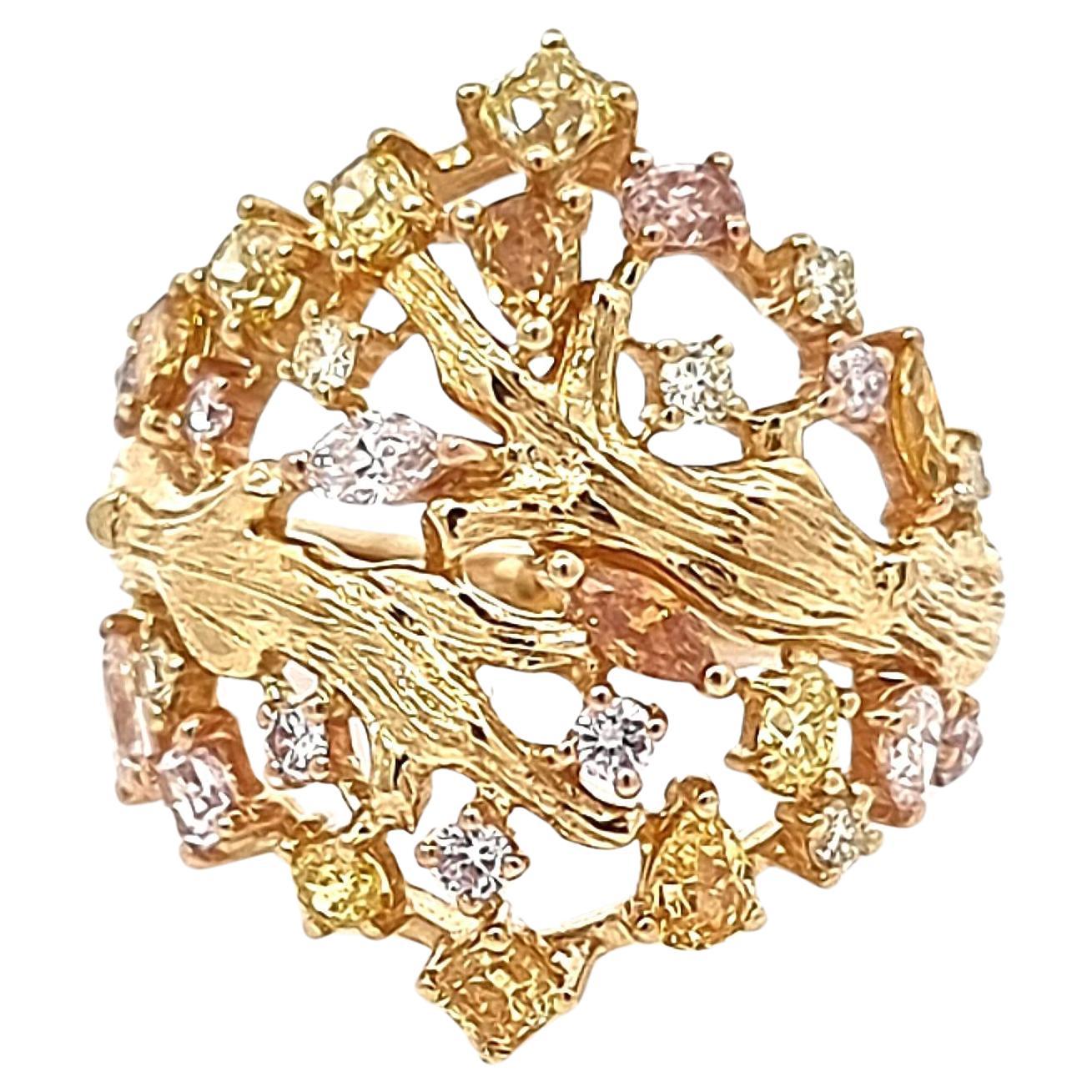 Nature Inspired Gold Ring With Multi Coloured Diamonds in Various Shapes