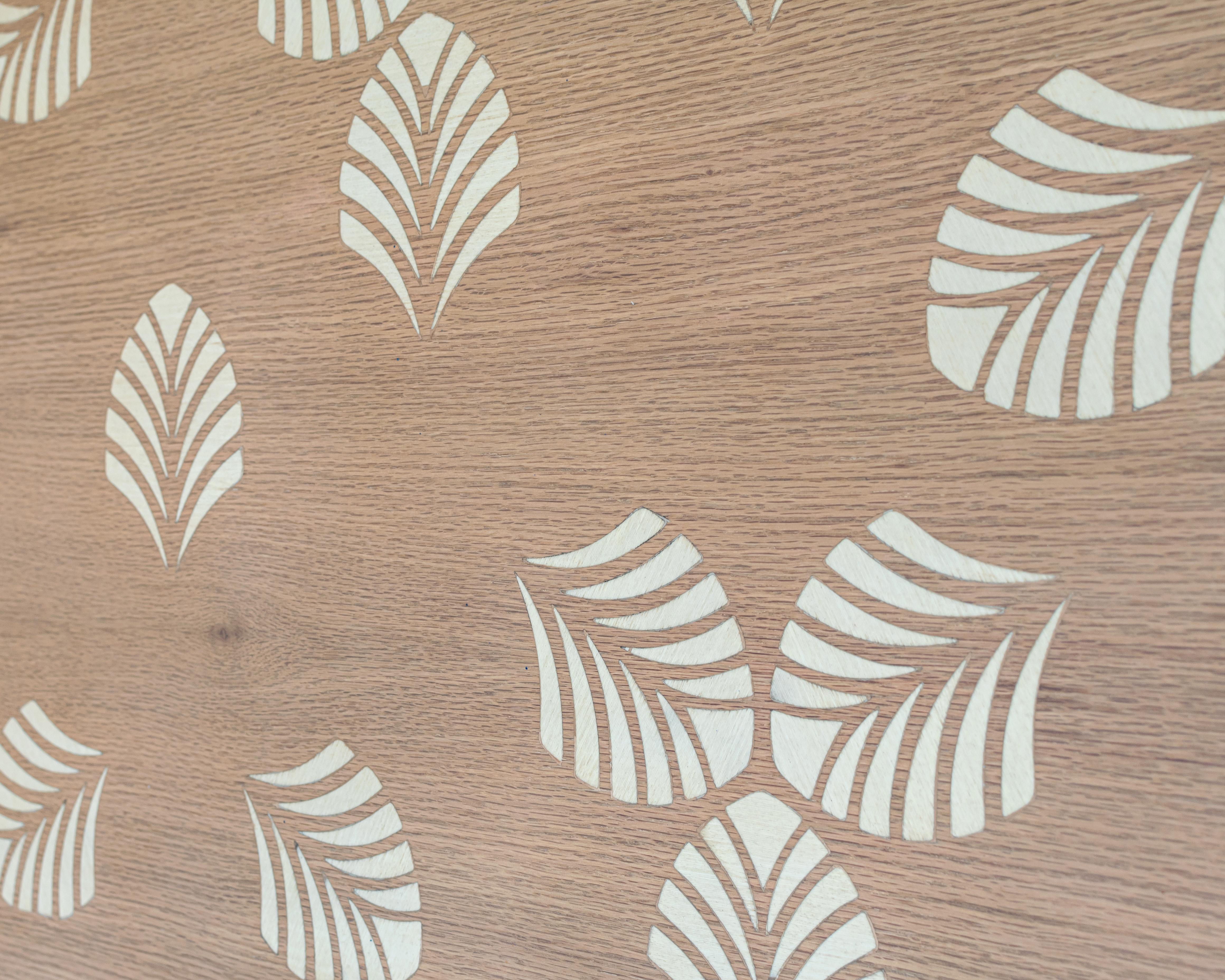 Nature-inspired headboard with intricate leaves pattern stenciled on oak veneer.
Inspired by autumn leaves, our FOLIAGE headboard radiates style and warmth into any bedroom. Made from Oak wood veneer with our asymmetric pattern stenciled in. Goes