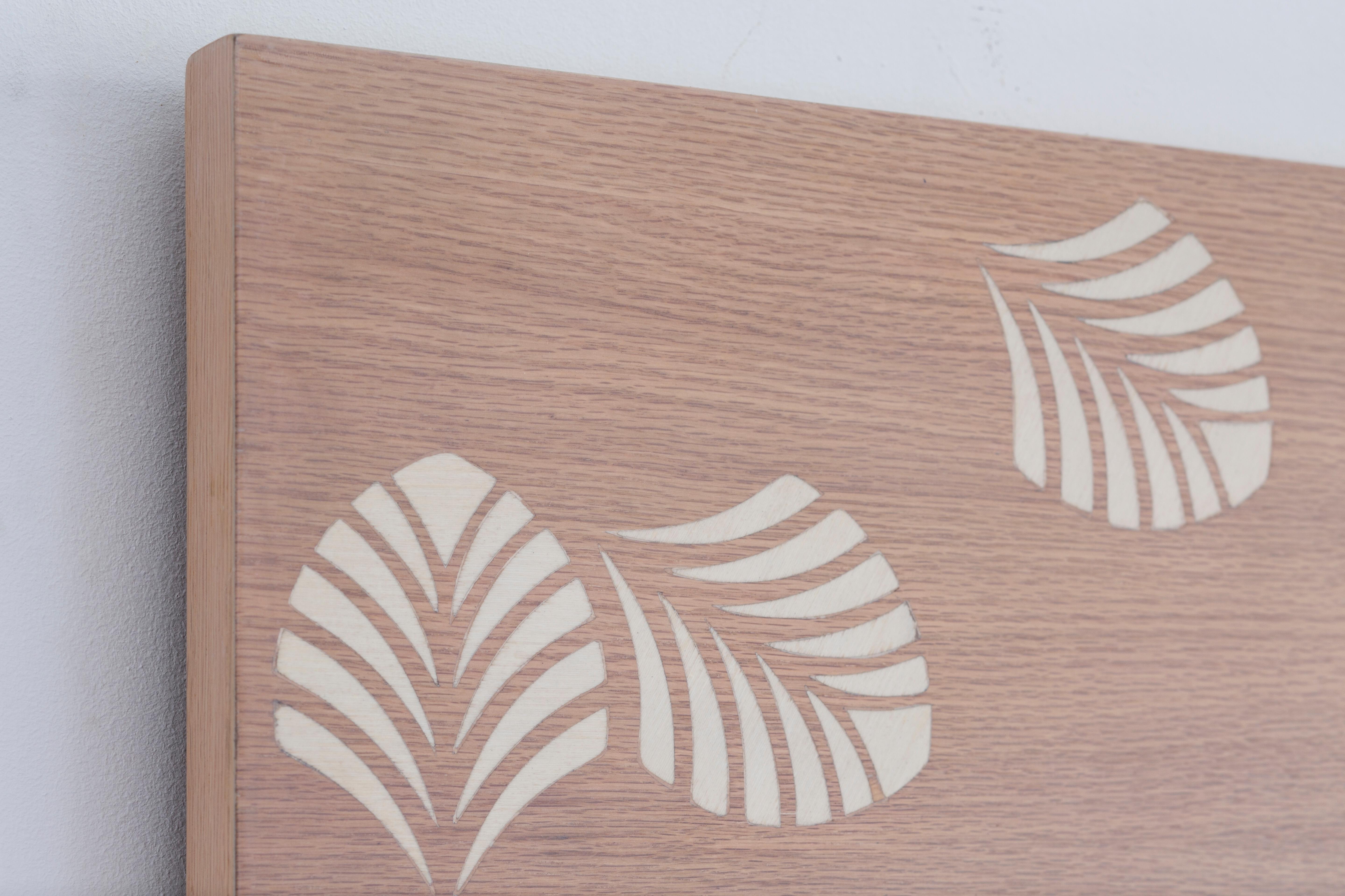 Modern Nature-Inspired Headboard with Intricate Leaves Pattern Stenciled on Oak Veneer For Sale