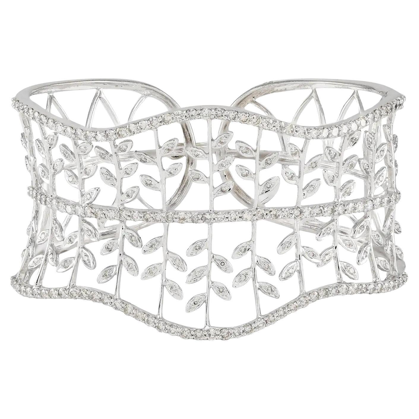 Nature-Inspired White Gold Floral Vine, Diamond 4.26 carat Wide Hinge Cuff For Sale