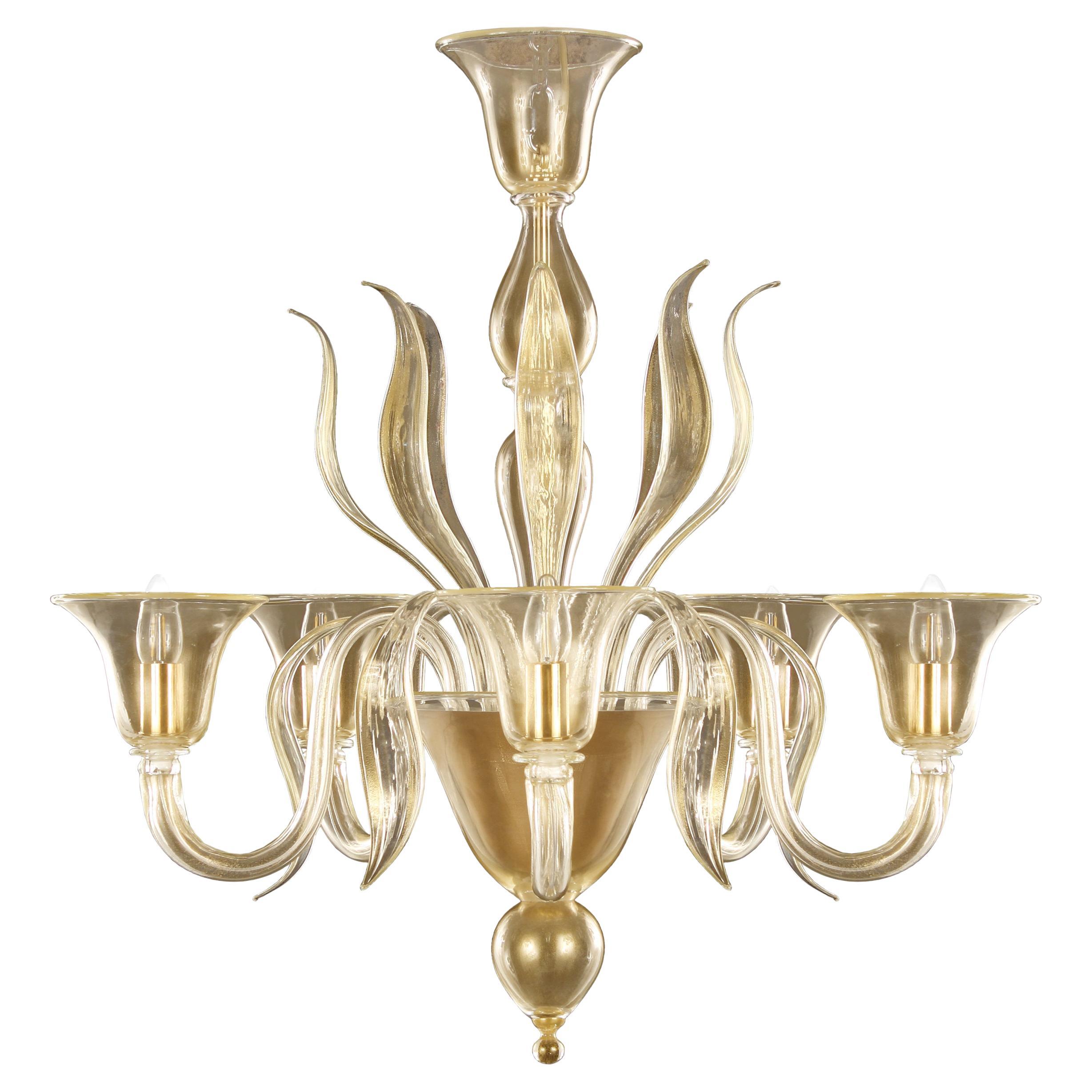 Nature Mood Chandelier 5 Arms Gold Murano Glass Swing 275 by Multiforme in Stock For Sale