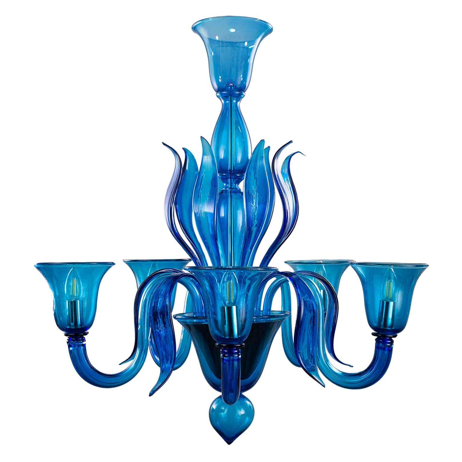 Nature Mood Chandelier 5 Arms Ocean Blue Murano Glass by Multiforme in stock For Sale