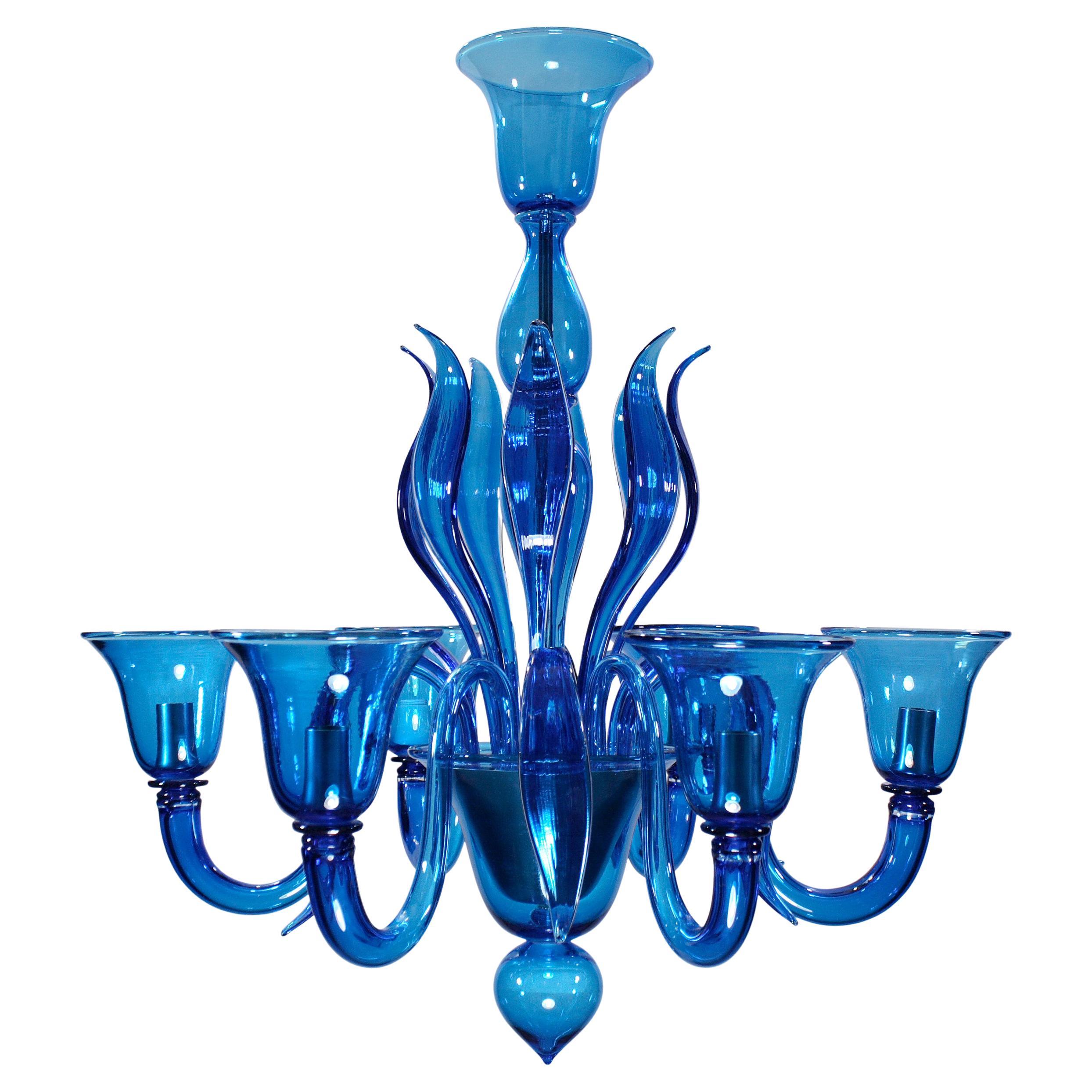 Lampadario Nature Mood a 6 bracci in vetro di Murano blu oceano di Multiforme in vendita