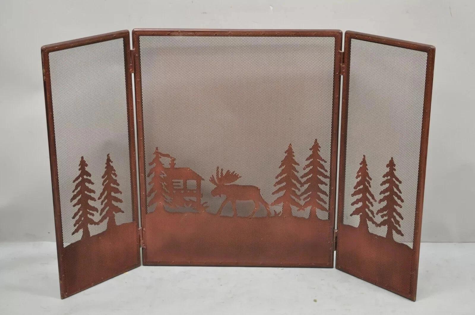 Nature Moose Wilderness Log Cabin Rustic Iron Metal Folding Fireplace Screen For Sale 6