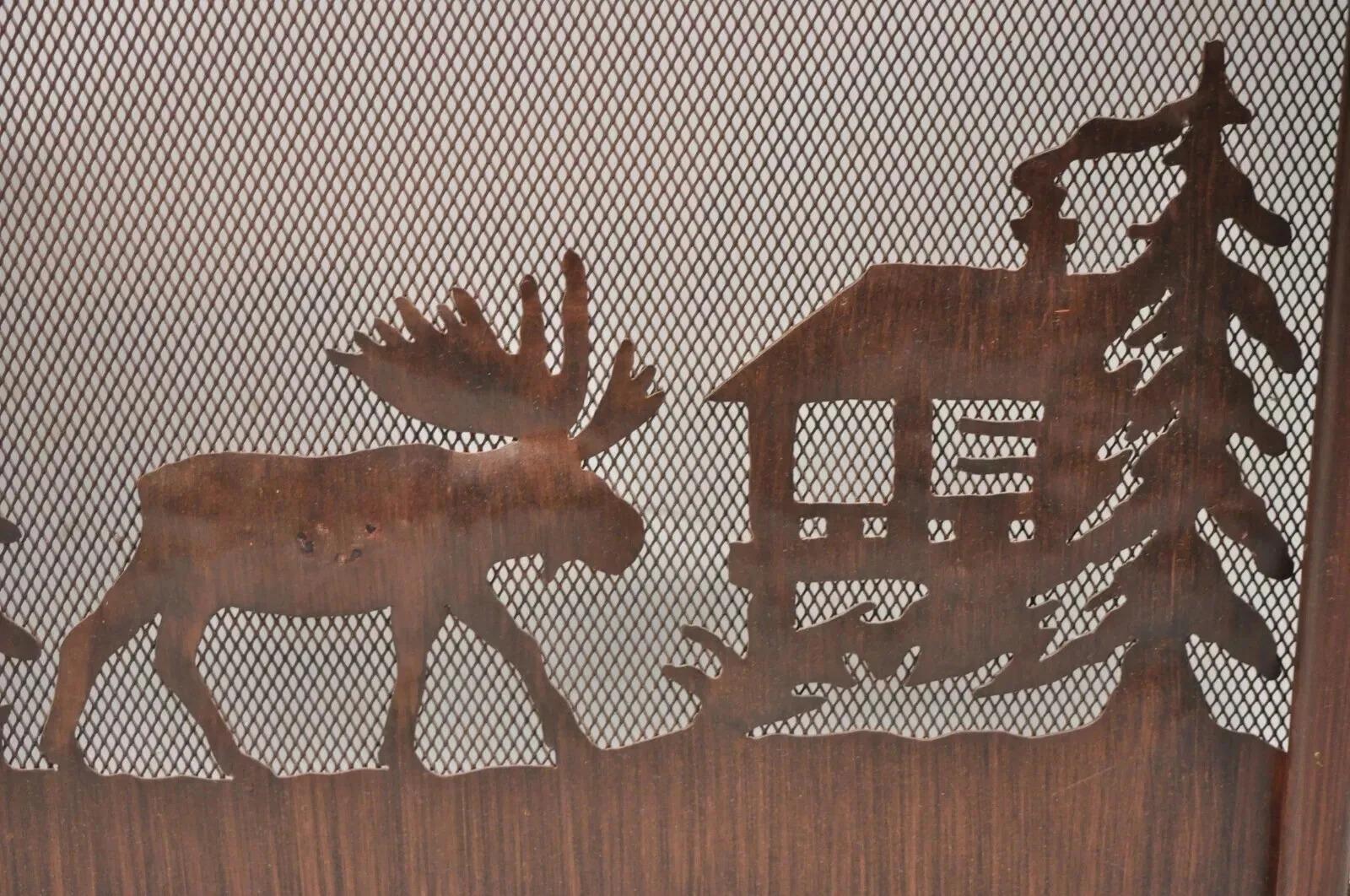 Unknown Nature Moose Wilderness Log Cabin Rustic Iron Metal Folding Fireplace Screen For Sale