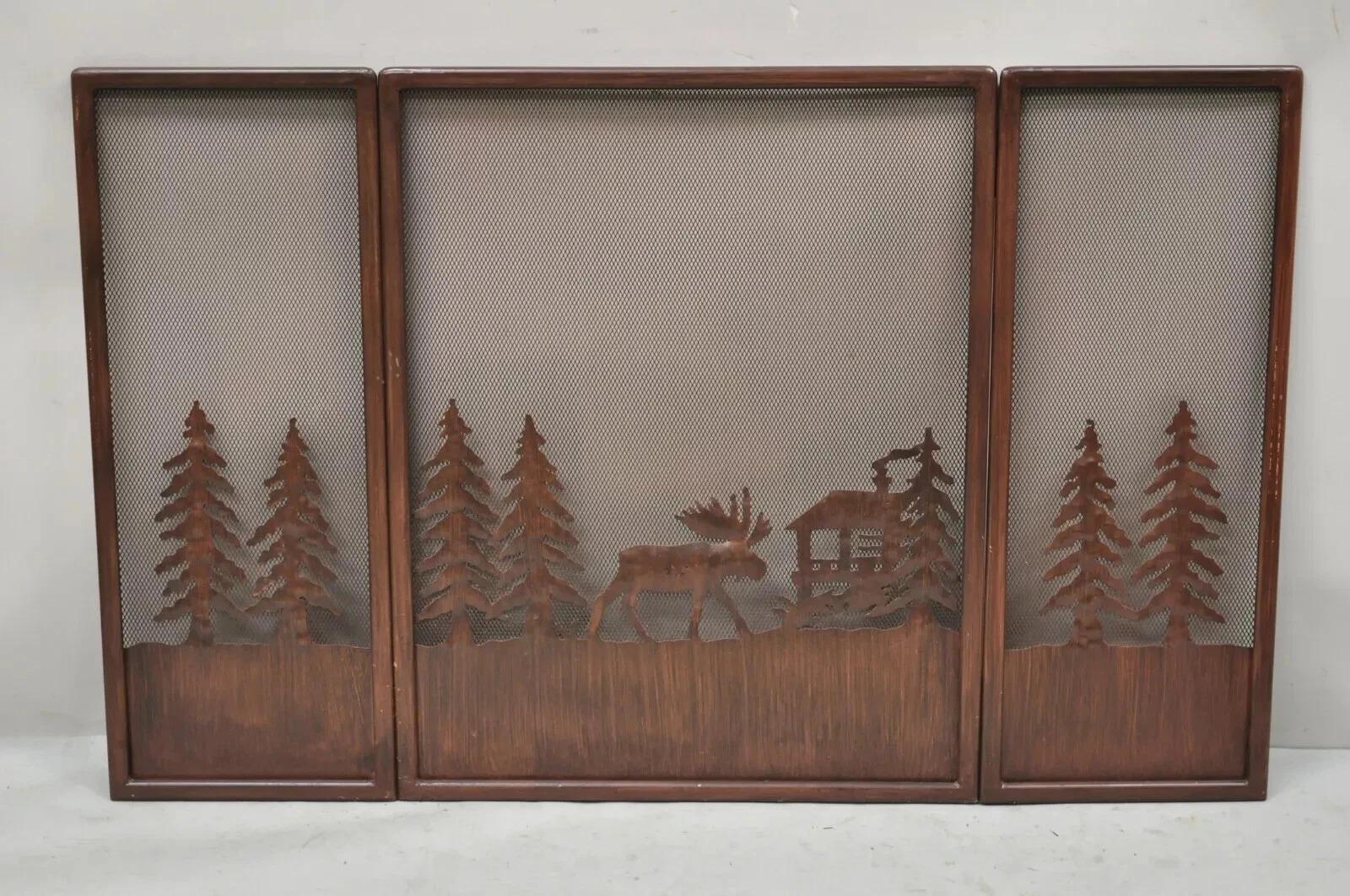 Nature Moose Wilderness Log Cabin Rustic Iron Metal Folding Fireplace Screen For Sale 1
