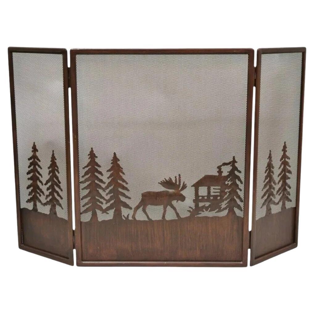 Nature Moose Wilderness Log Cabin Rustic Iron Metal Foldes Fireplace Screen