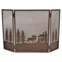 Nature Moose Wilderness Log Cabin Rustic Iron Metal Folding Fireplace Screen
