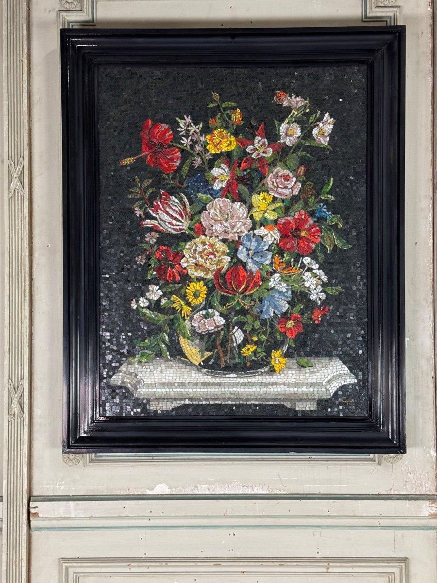 Nature Morte Au Bouquet, Glass Mosaic, Monogrammed CH, About 1980 For Sale 5