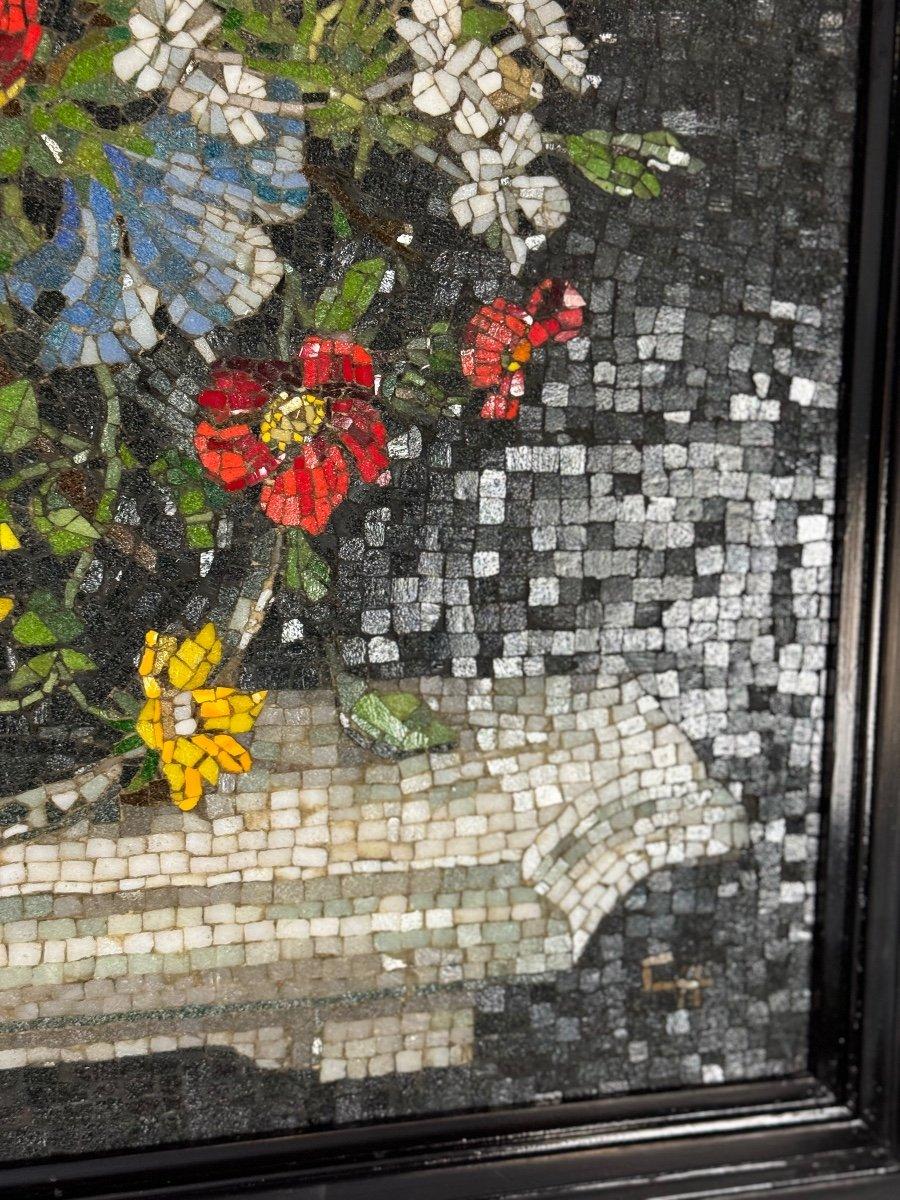 Louis XIV Nature Morte Au Bouquet, Glass Mosaic, Monogrammed CH, About 1980 For Sale