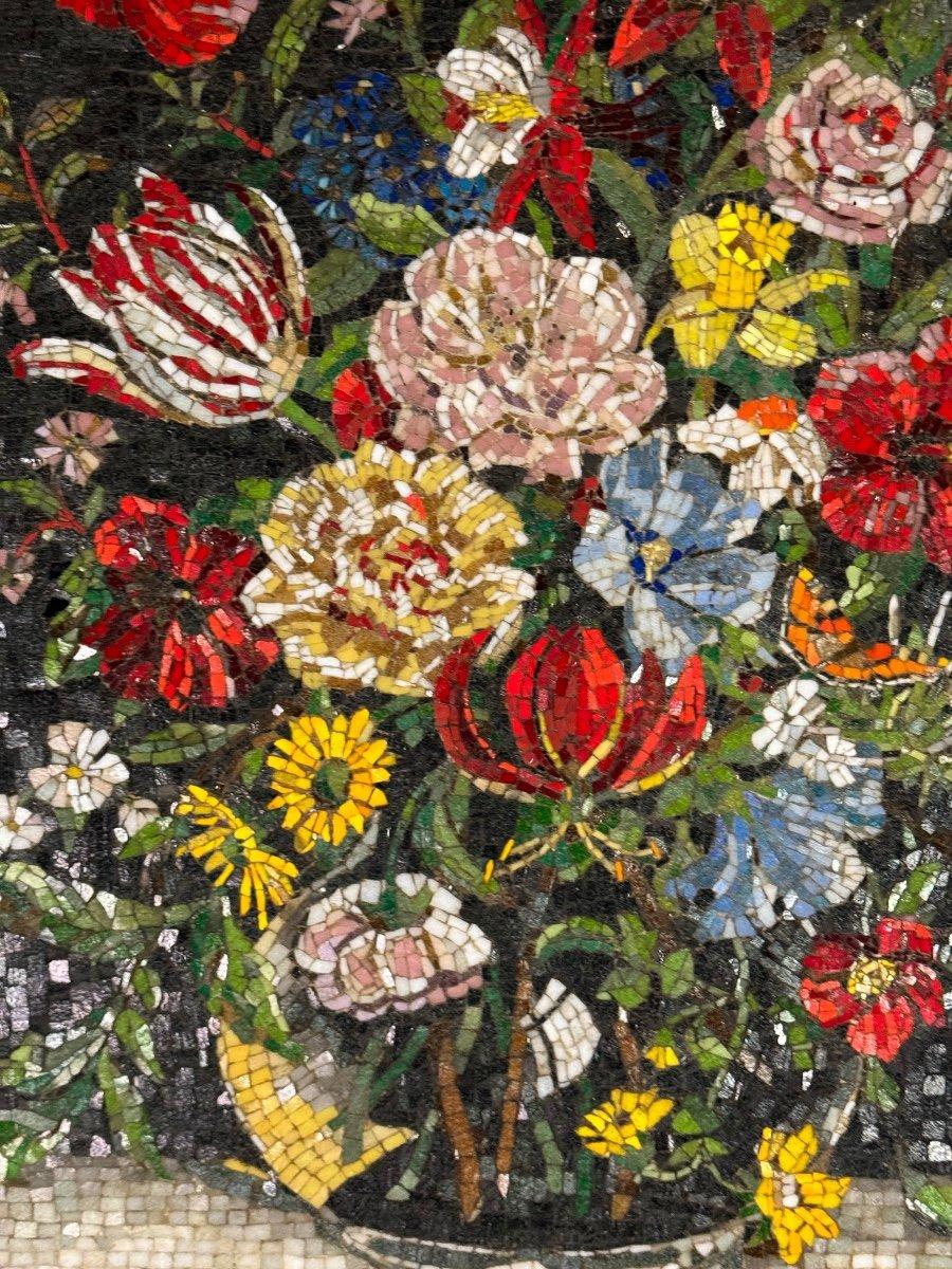 Belgian Nature Morte Au Bouquet, Glass Mosaic, Monogrammed CH, About 1980 For Sale