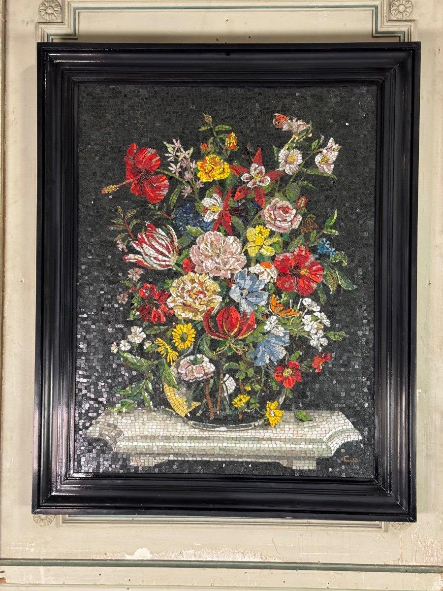 Nature Morte Au Bouquet, Glass Mosaic, Monogrammed CH, About 1980 In Excellent Condition For Sale In Honnelles, WHT