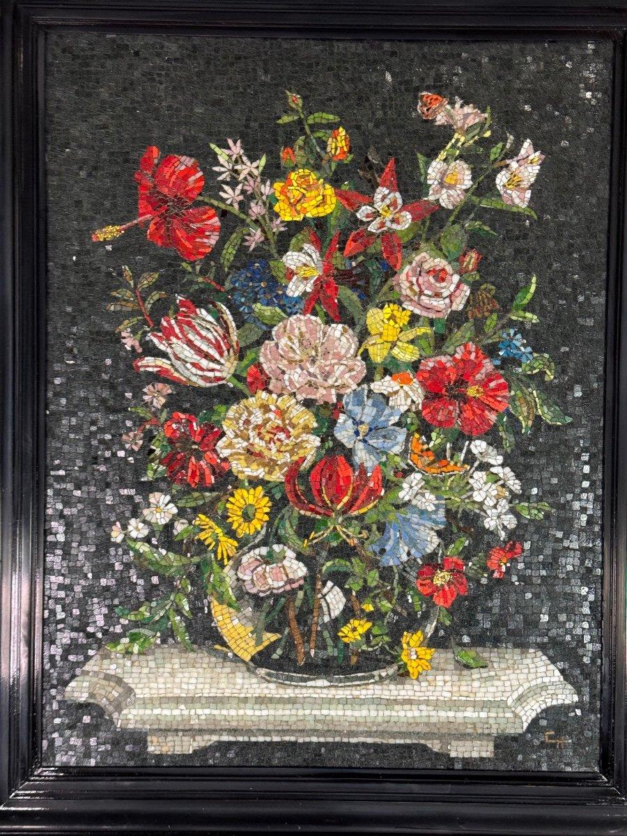 Nature Morte Au Bouquet, Glass Mosaic, Monogrammed CH, About 1980 For Sale 4
