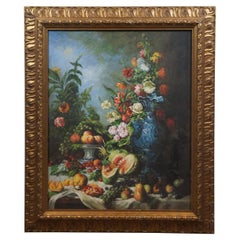 Nature Morte Aux Fruits & Flowers Still Life Oil Painting After Eugene Vidal 38"