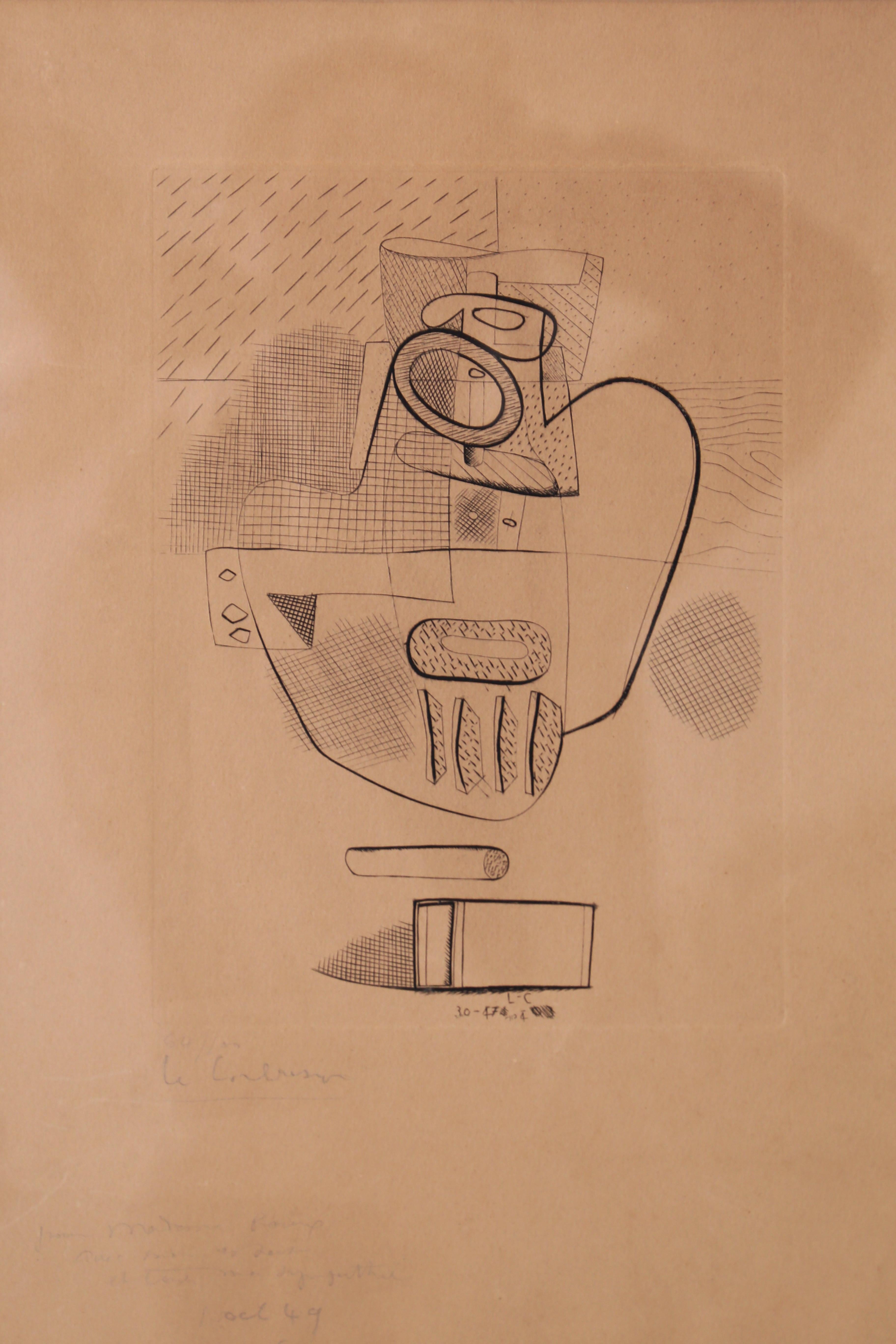 'Nature Morte' by Le Corbusier
1930/1947
Etching on wove paper, signed in pencil, numbered 64/100 with a dedication in pencil.
64/100
37 x 27 cm.
 