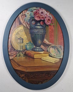 Nature Morte With A Vase Of Flowers - Large Oval Oil On Canvas From The Art Dec