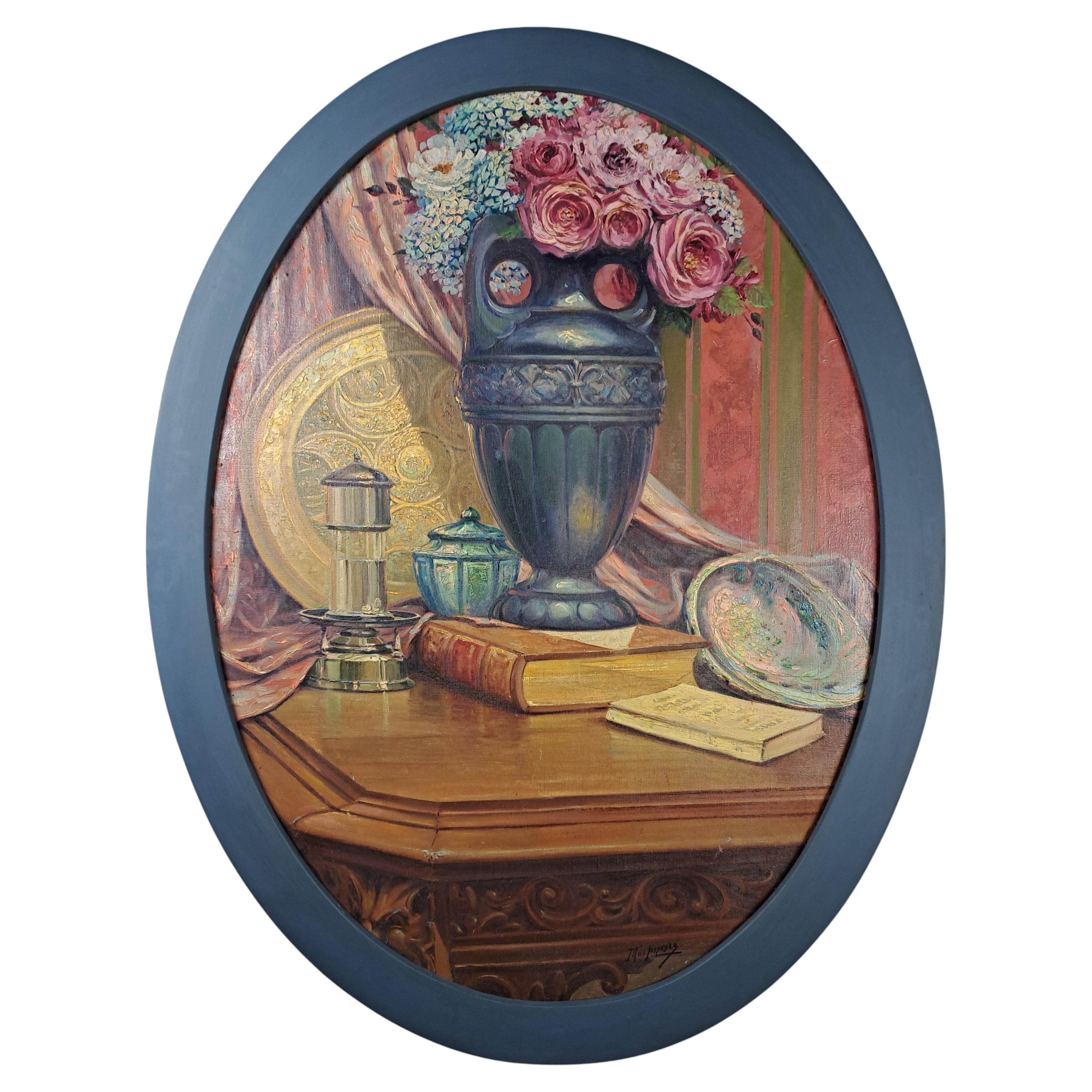 Nature Morte With A Vase Of Flowers - Large Oval Oil On Canvas From The Art Dec For Sale