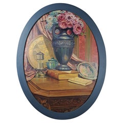 Nature Morte With A Vase Of Flowers - Large Oval Oil On Canvas From The Art Dec