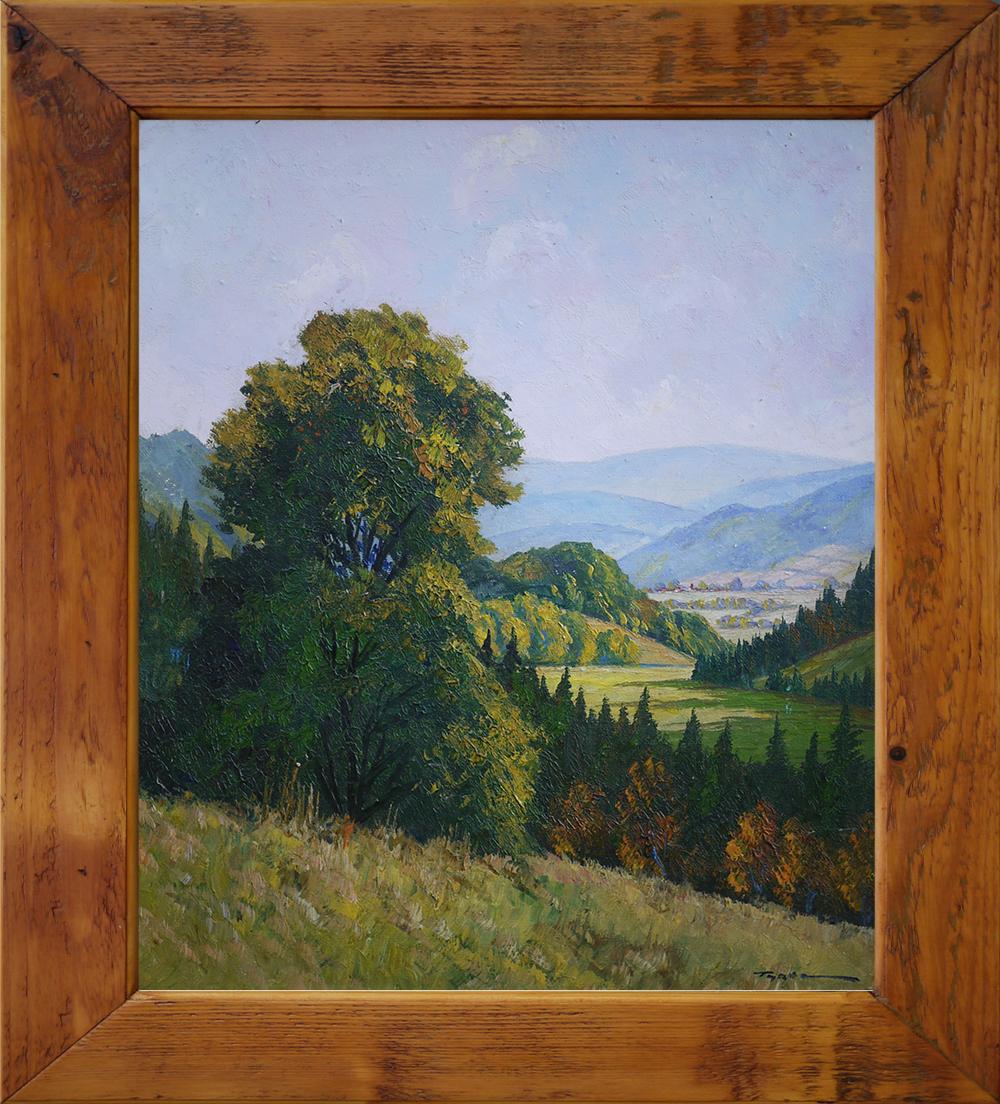 Hilly landscape

Measures:
50 cm x 45 cm 
65 cm x 60 cm framed

19.7 in x 17.7 in
25.6 in x 23.6 in framed

Oil painting on board.
 Dense, material painting that gives structure and depth to the entire work.
Available with silver wood