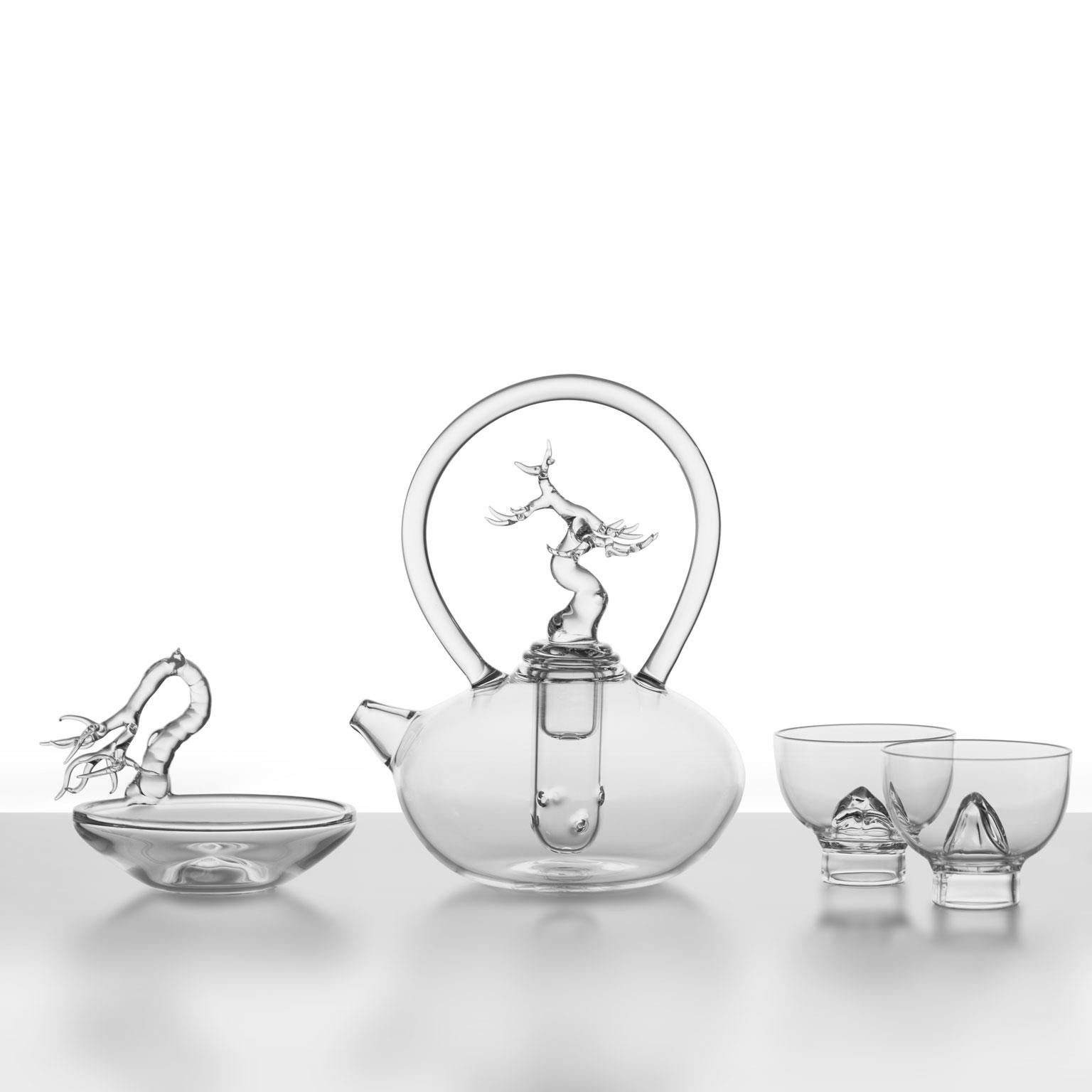 "Nature Tea Set" Hand Blown Glass Teapot, Cups and Plate by Simone