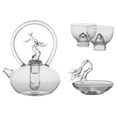 "Nature Tea Set" Hand Blown Glass Teapot, Cups and Plate by Simone Crestani